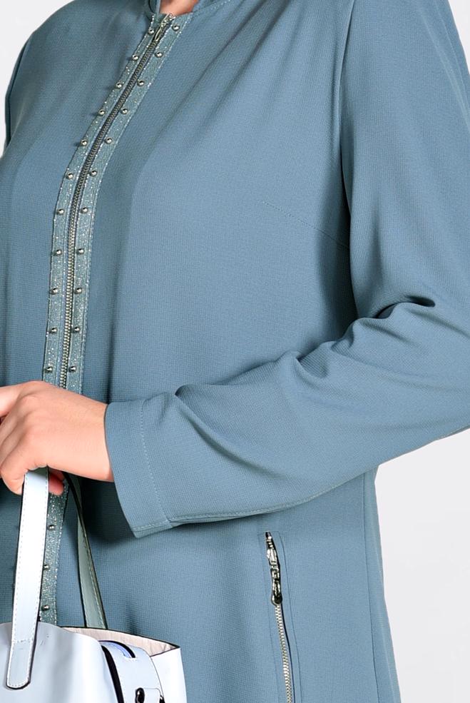 Vêtements hijab VERT IMPERMÉABLE BRODÉ EN ORNER DE PERLES AVEC FERMETURE 1292 - ALVİNA