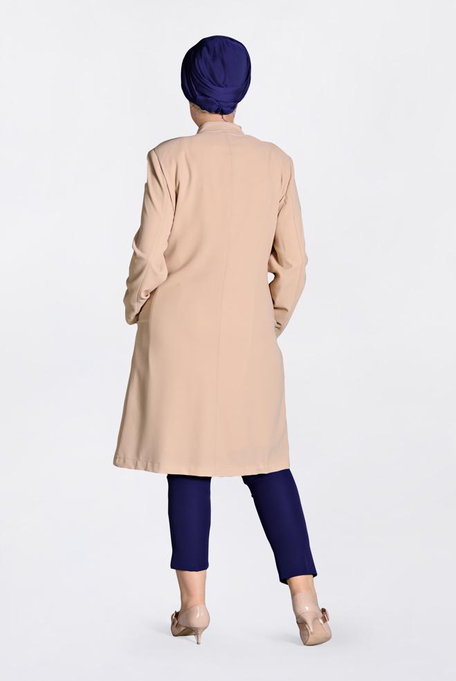 Vêtements hijab BEIGE IMPERMÉABLE À BOUTONÉ À ORNER DES PERLES 1293 - ALVİNA