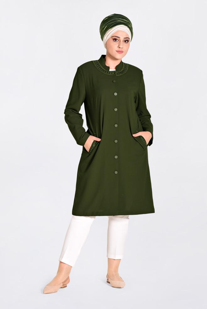 Vêtements hijab KAKI IMPERMÉABLE À BOUTONÉ À ORNER DES PERLES 1293 - ALVİNA
