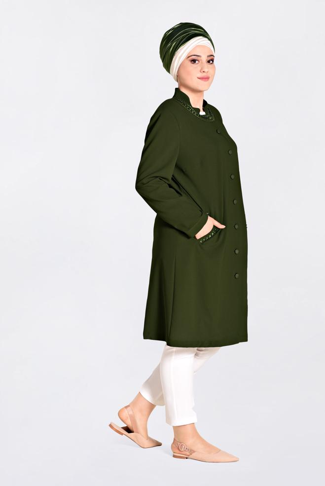 Vêtements hijab KAKI IMPERMÉABLE À BOUTONÉ À ORNER DES PERLES 1293 - ALVİNA