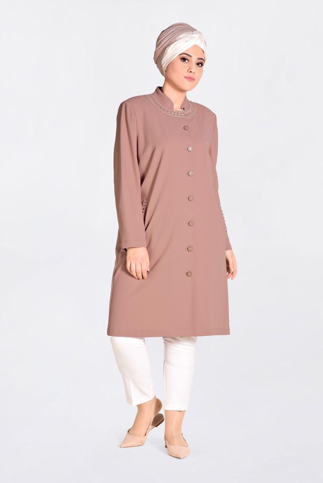 Tesettür giyim PUDRA BONCUK İŞLEMELİ ÖNDEN DÜĞMELİ TRENÇKOT 1293 - ALVİNA