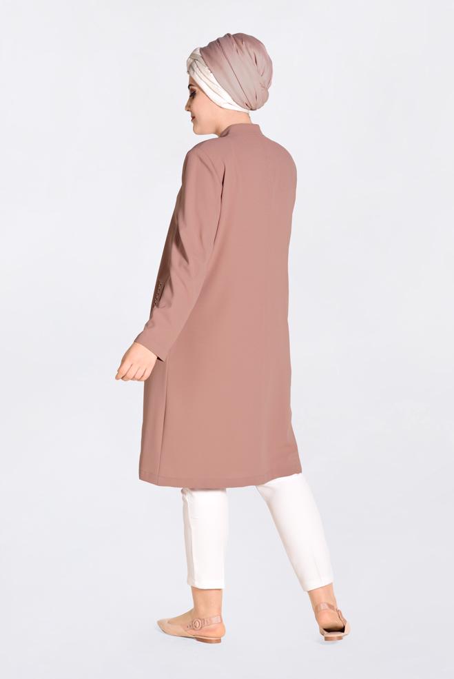 Tesettür giyim PUDRA BONCUK İŞLEMELİ ÖNDEN DÜĞMELİ TRENÇKOT 1293 - ALVİNA