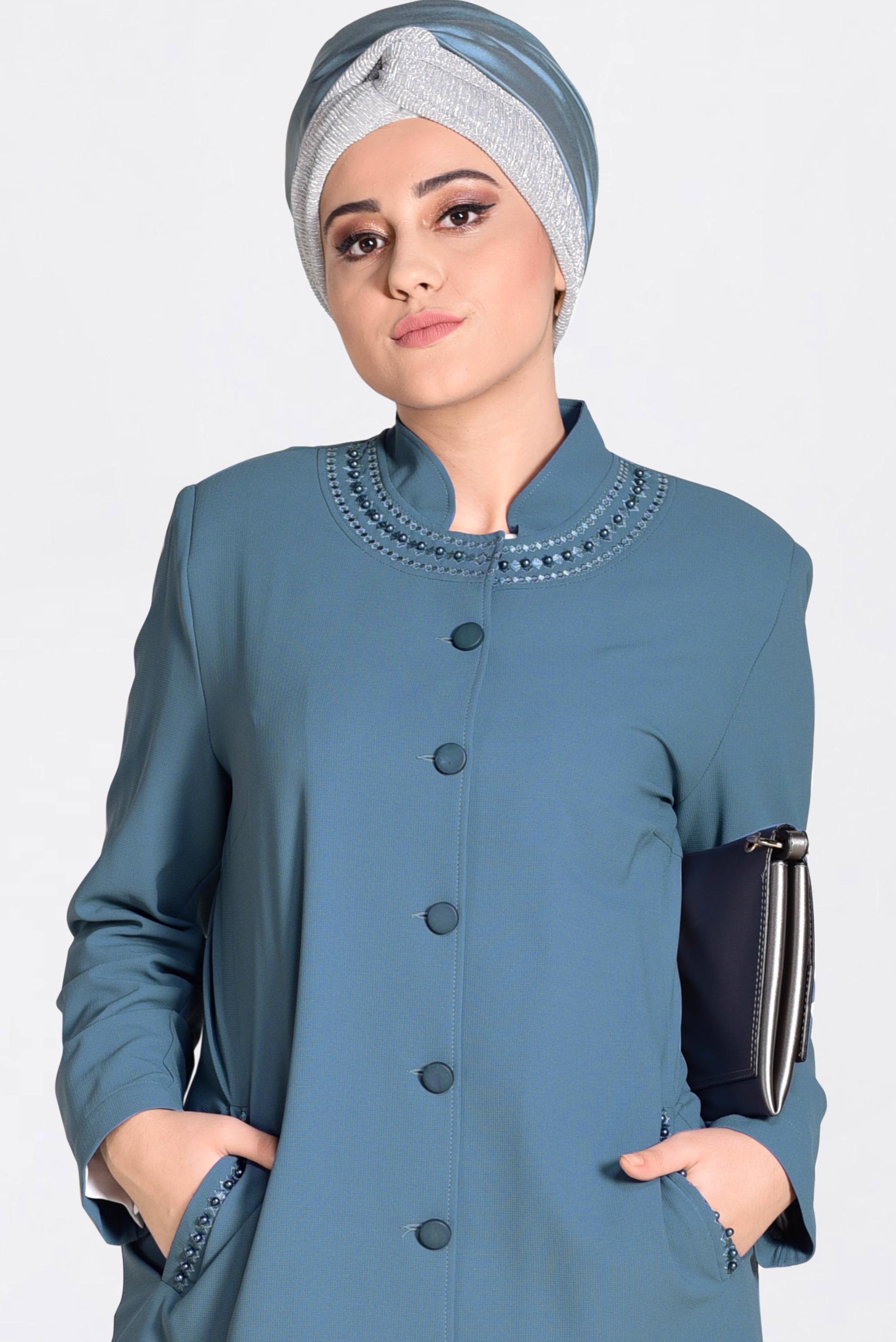 Vêtements hijab BLEU IMPERMÉABLE À BOUTONÉ À ORNER DES PERLES 1293