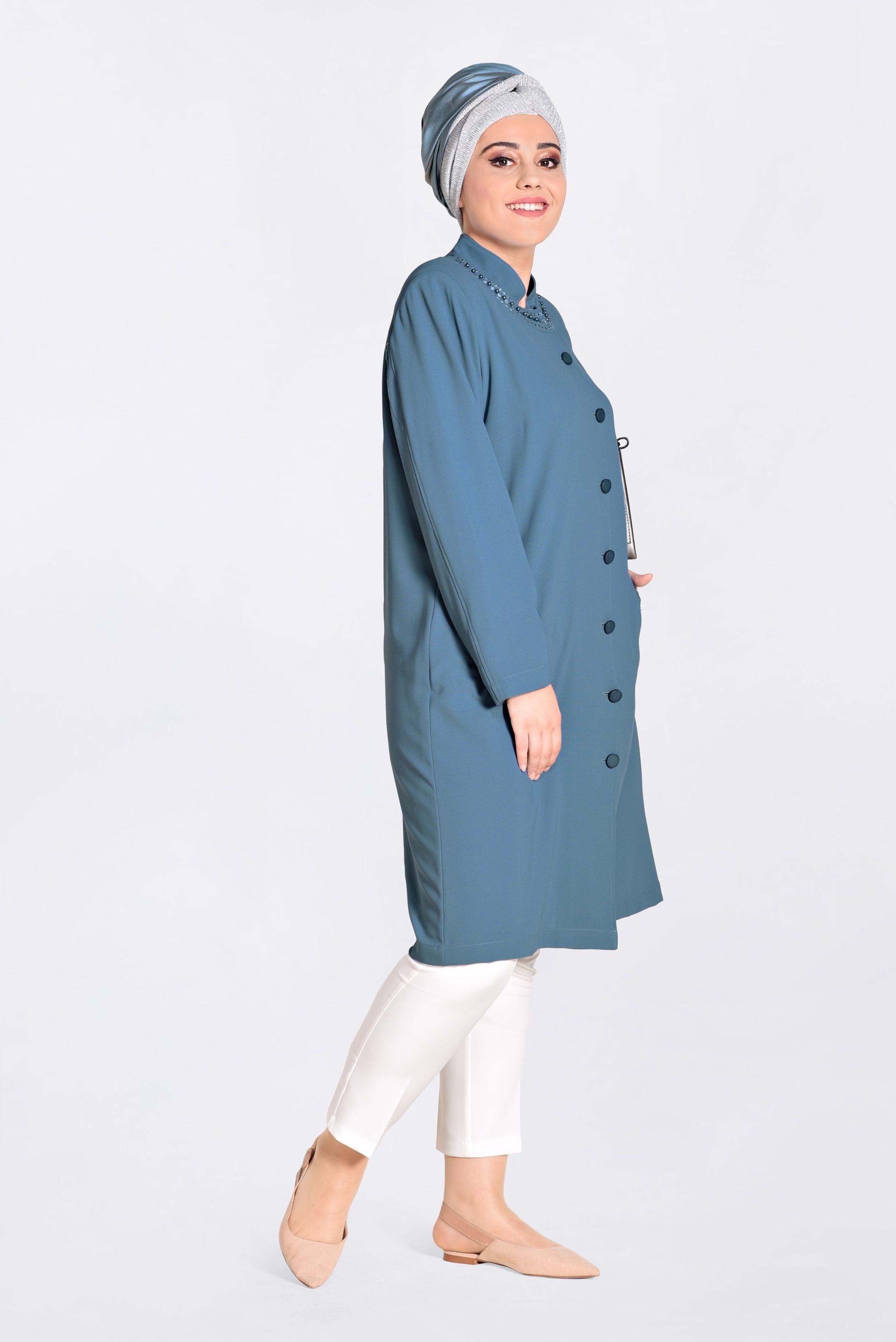 Vêtements hijab BLEU IMPERMÉABLE À BOUTONÉ À ORNER DES PERLES 1293