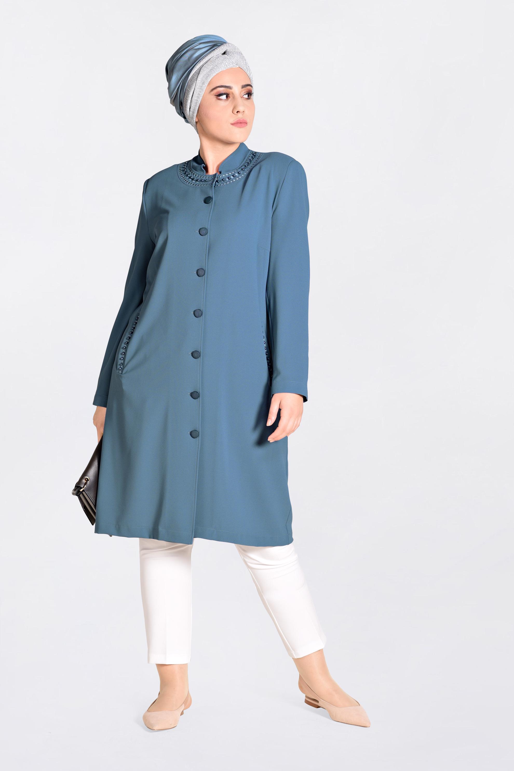 Vêtements hijab BLEU IMPERMÉABLE À BOUTONÉ À ORNER DES PERLES 1293