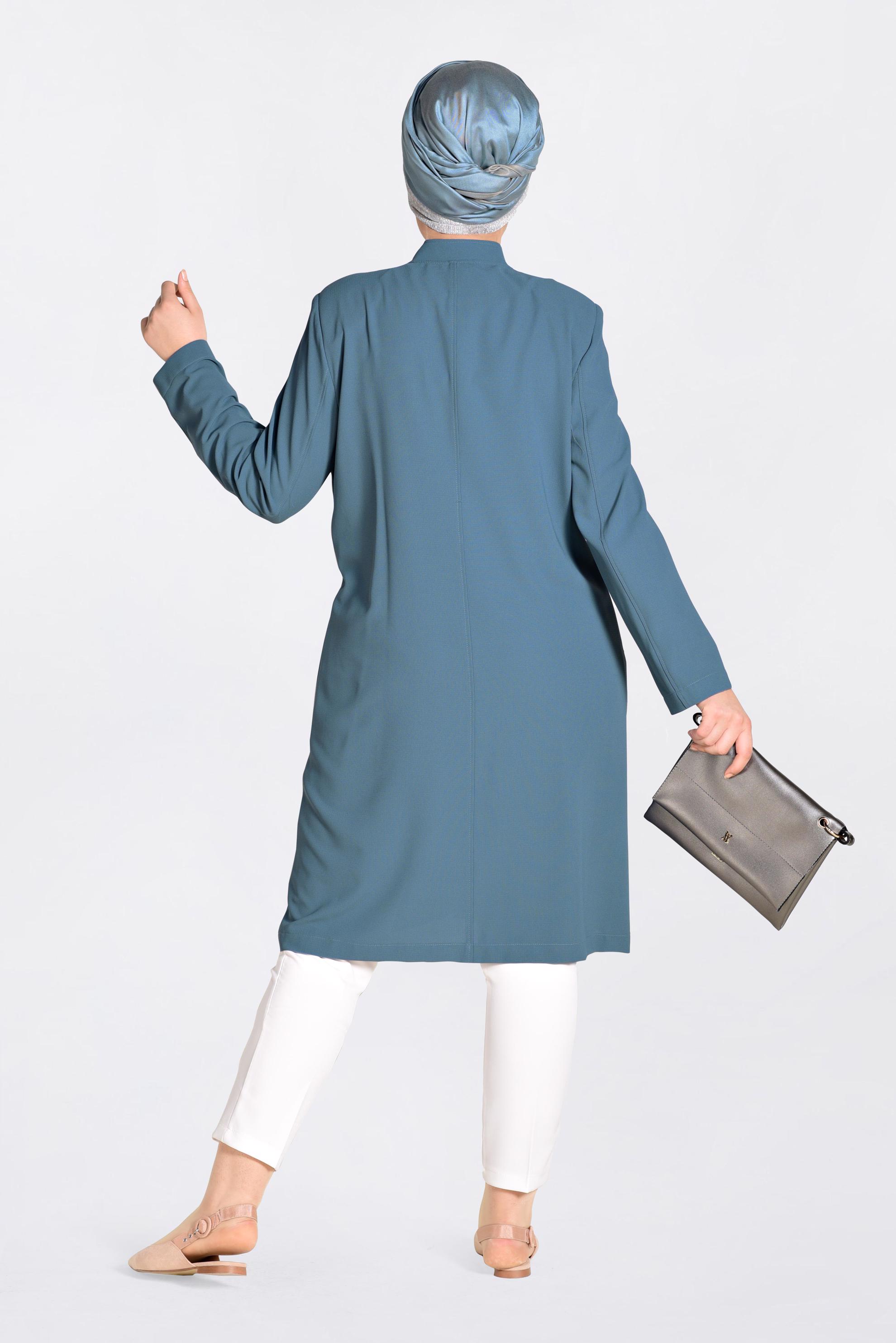 Vêtements hijab BLEU IMPERMÉABLE À BOUTONÉ À ORNER DES PERLES 1293