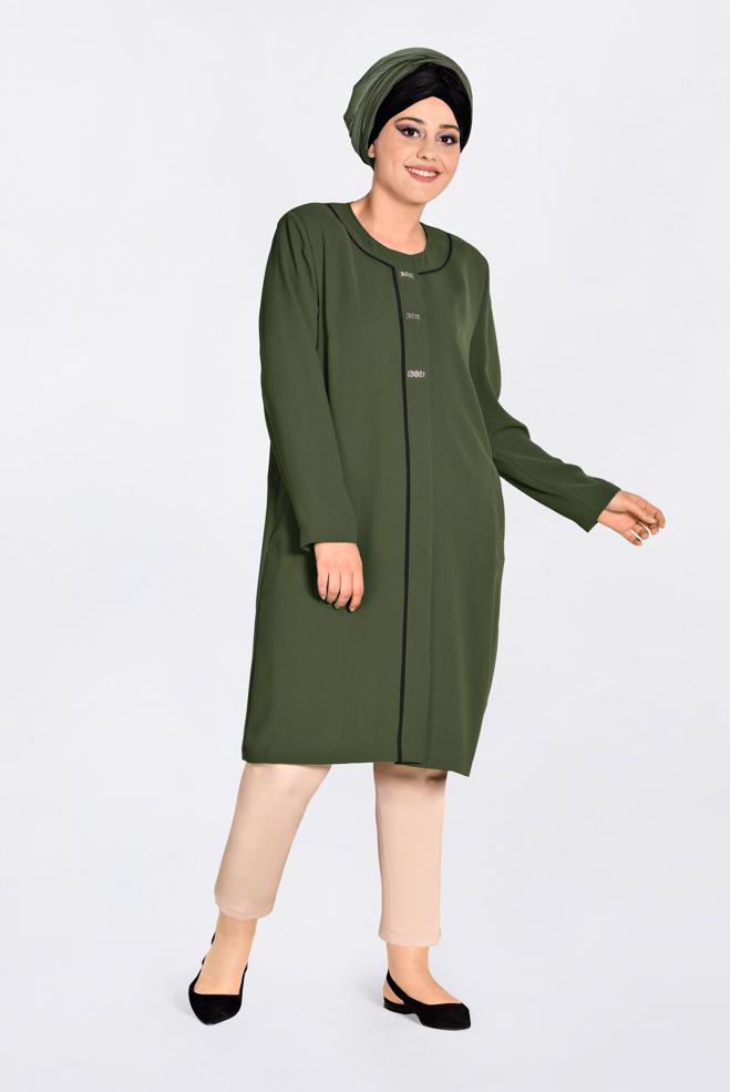 Tesettür giyim HAKİ TAŞ DÜĞMELİ BİYE DETAYLI TRENÇKOT 1294 - ALVİNA