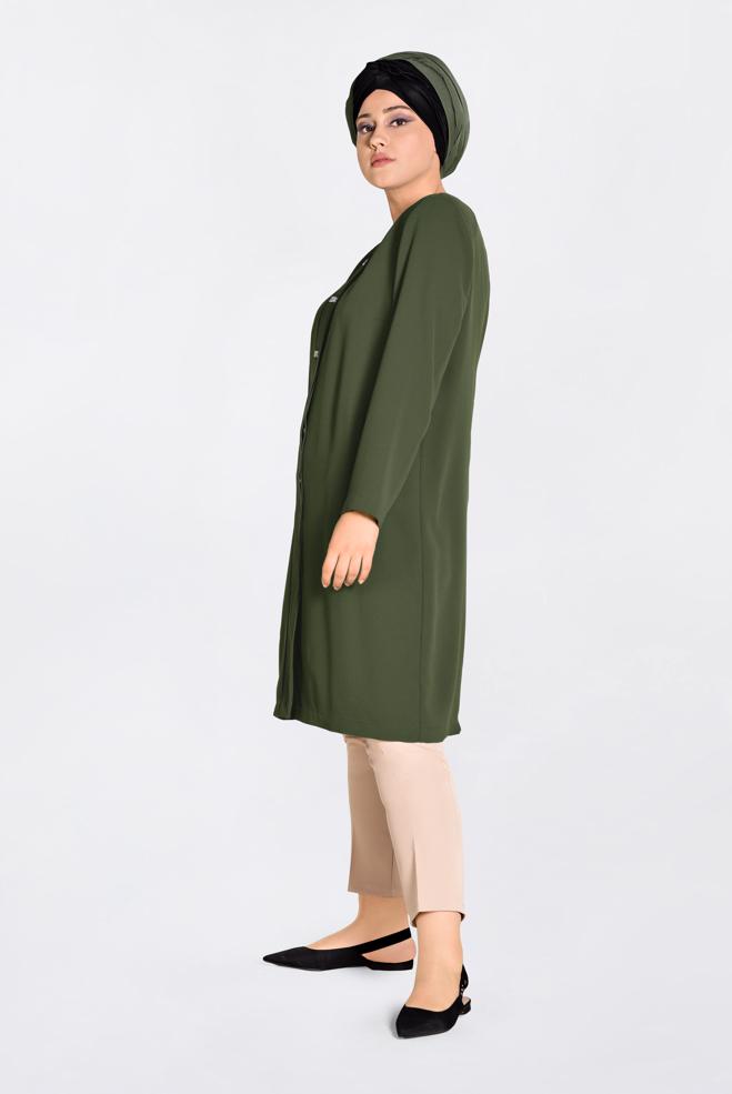 Tesettür giyim HAKİ TAŞ DÜĞMELİ BİYE DETAYLI TRENÇKOT 1294 - ALVİNA