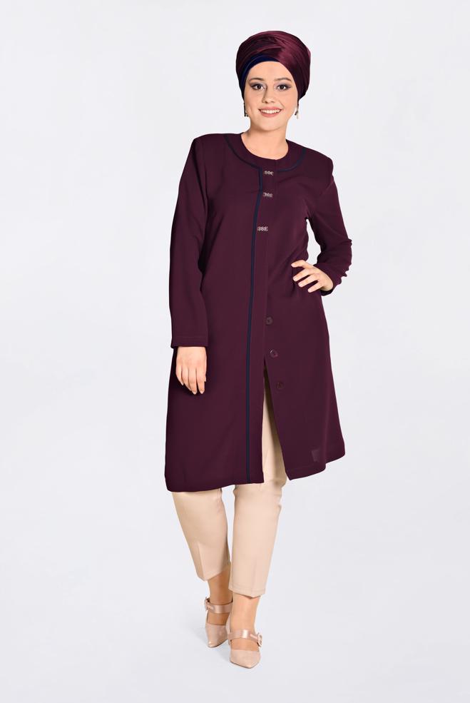 Tesettür giyim BORDO TAŞ DÜĞMELİ BİYE DETAYLI TRENÇKOT 1294 - ALVİNA