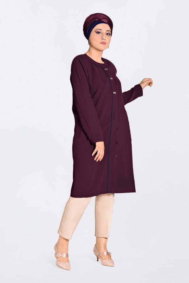 Tesettür giyim BORDO TAŞ DÜĞMELİ BİYE DETAYLI TRENÇKOT 1294 - ALVİNA