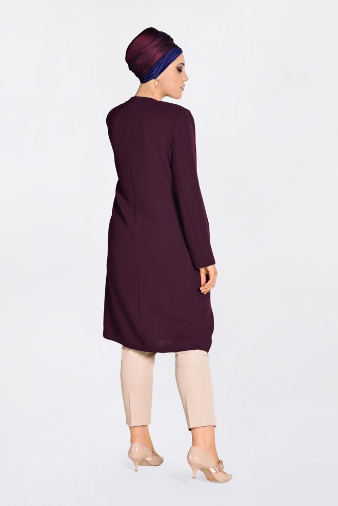 Tesettür giyim BORDO TAŞ DÜĞMELİ BİYE DETAYLI TRENÇKOT 1294 - ALVİNA