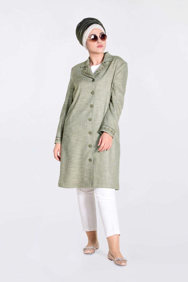 Vêtements hijab KAKI IMPERMÉABLE AVEC MANCHETTES ET COL BRODÉ 1297 - ALVİNA