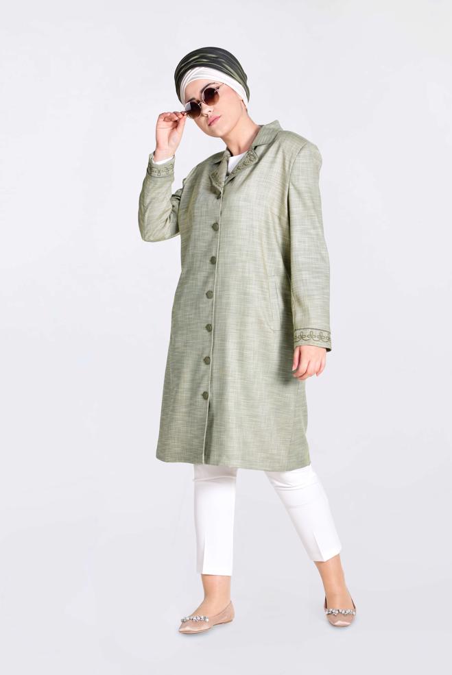 Vêtements hijab KAKI IMPERMÉABLE AVEC MANCHETTES ET COL BRODÉ 1297 - ALVİNA