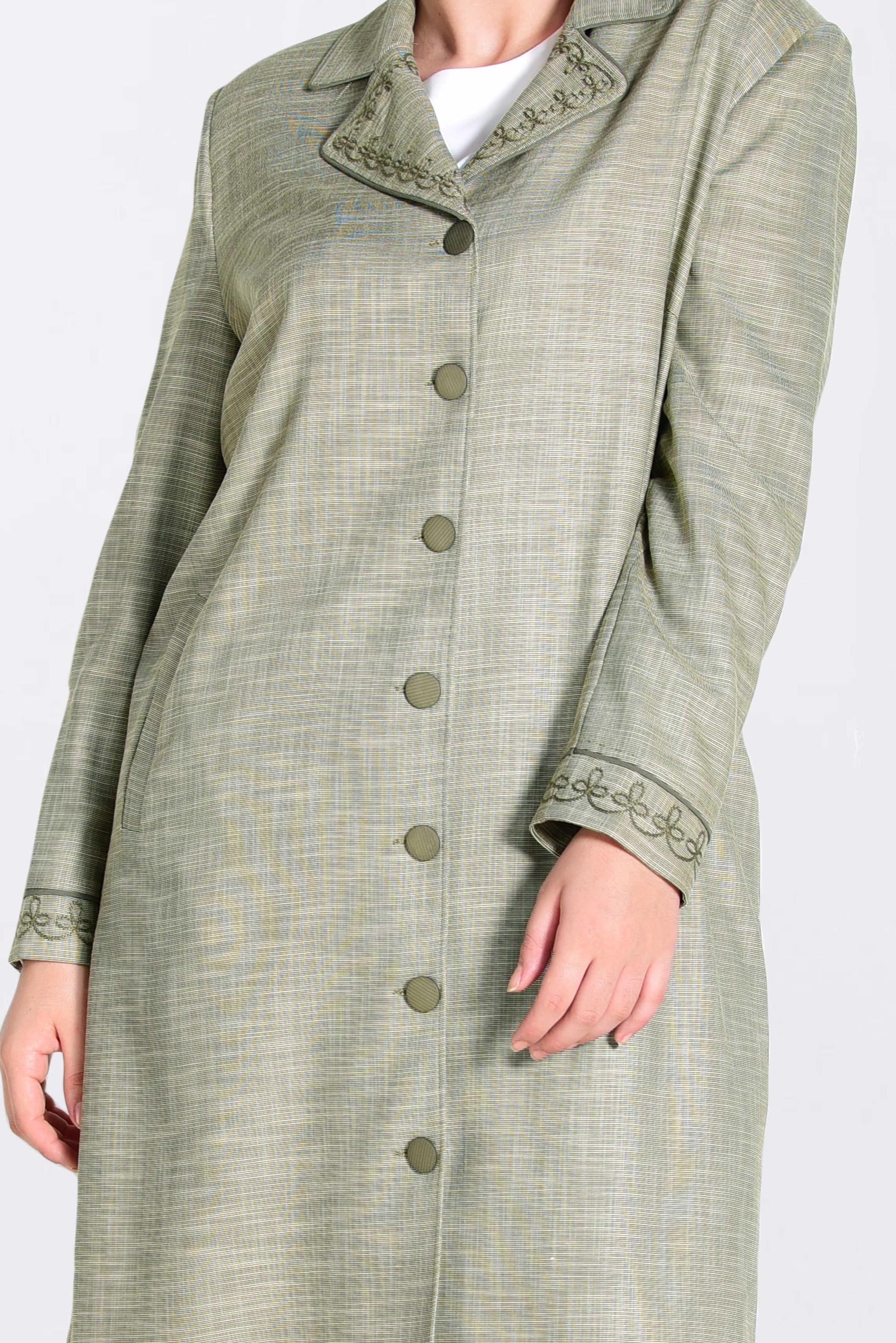 Tesettür giyim HAKİ YAKA VE MANŞET NAKIŞLI TRENÇKOT 1297 