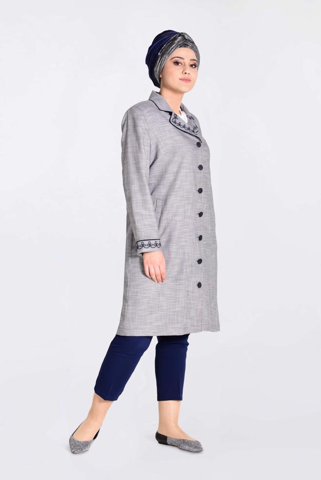 Vêtements hijab BLEU MARINE IMPERMÉABLE AVEC MANCHETTES ET COL BRODÉ 1297 - ALVİNA