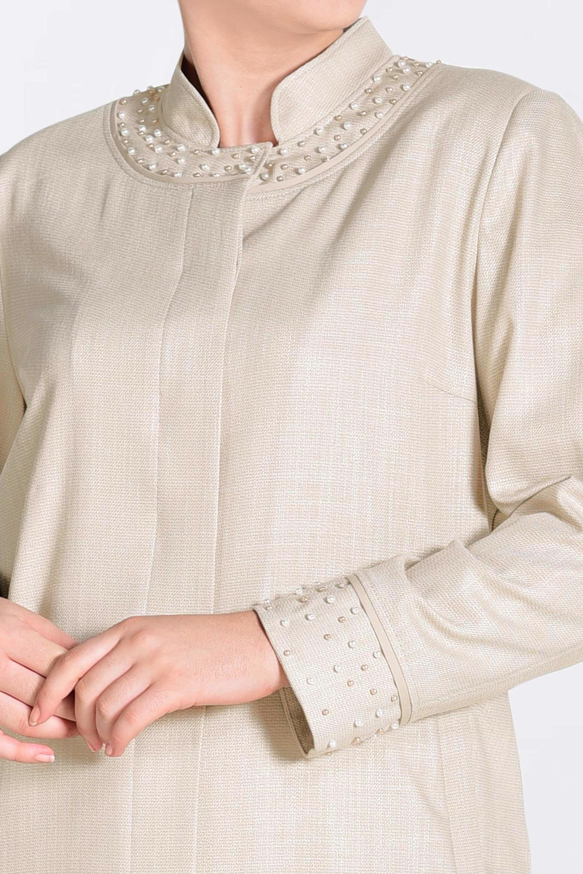 Vêtements hijab BEIGE IMPERMÉABLE À COL MAO AVEC PERLES 1298