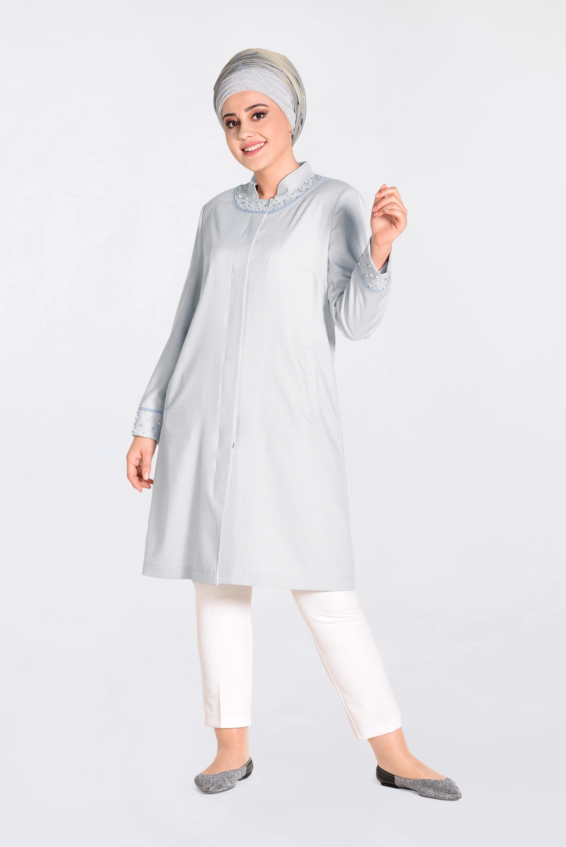 Vêtements hijab GRIS IMPERMÉABLE À COL MAO AVEC PERLES 1298