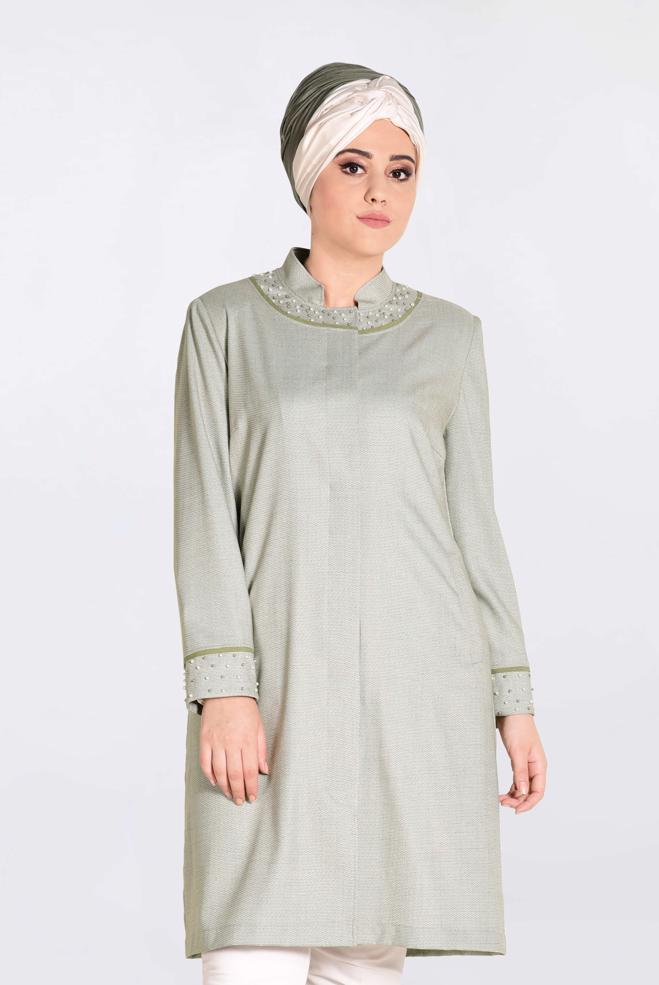 Tesettür giyim HAKİ HAKİM YAKA İNCİLİ TRENÇKOT 1298  - ALVİNA