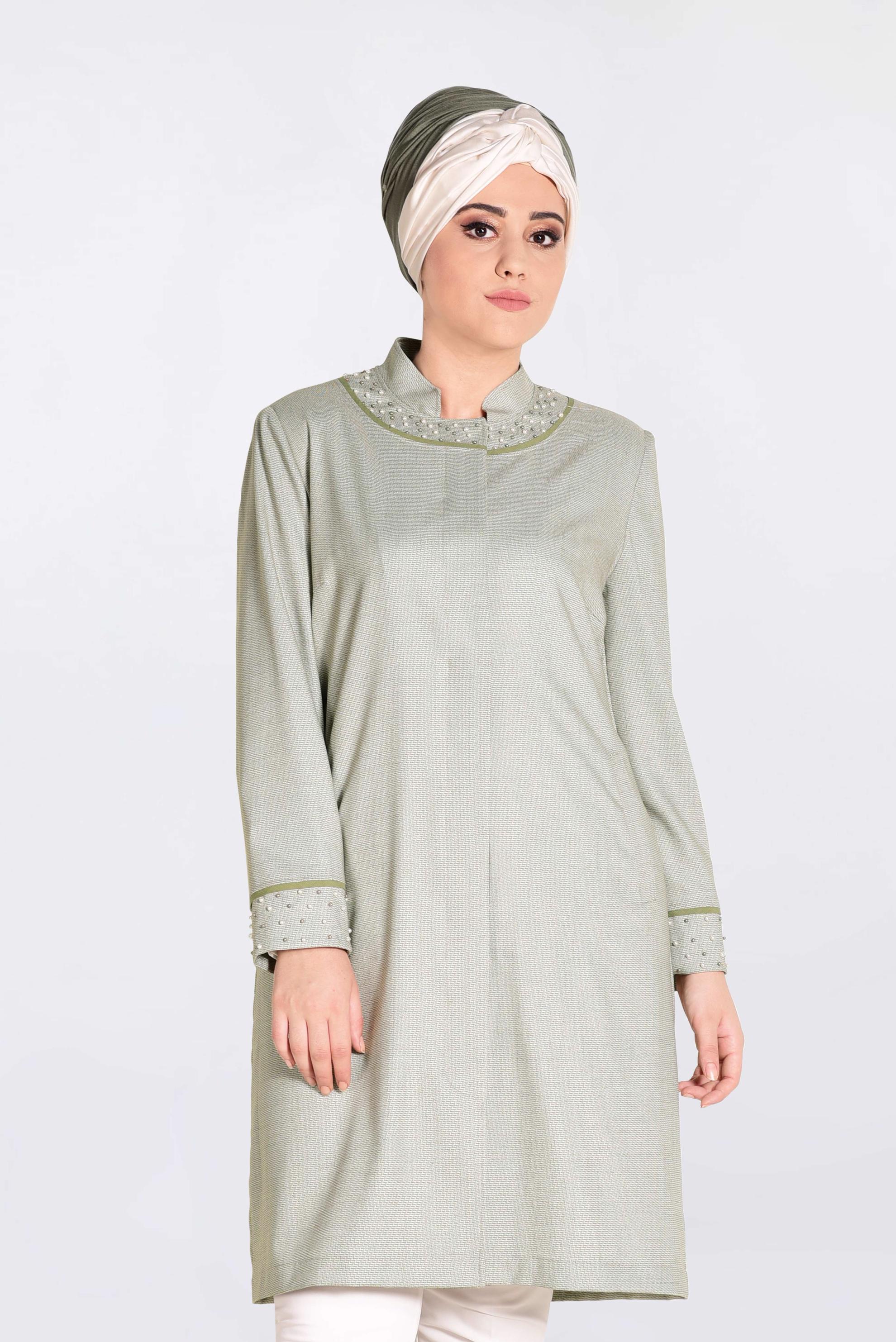 Hijab clothing KHAKI MANDARIN COLLAR PEARLED TRENCH-COAT 1298 