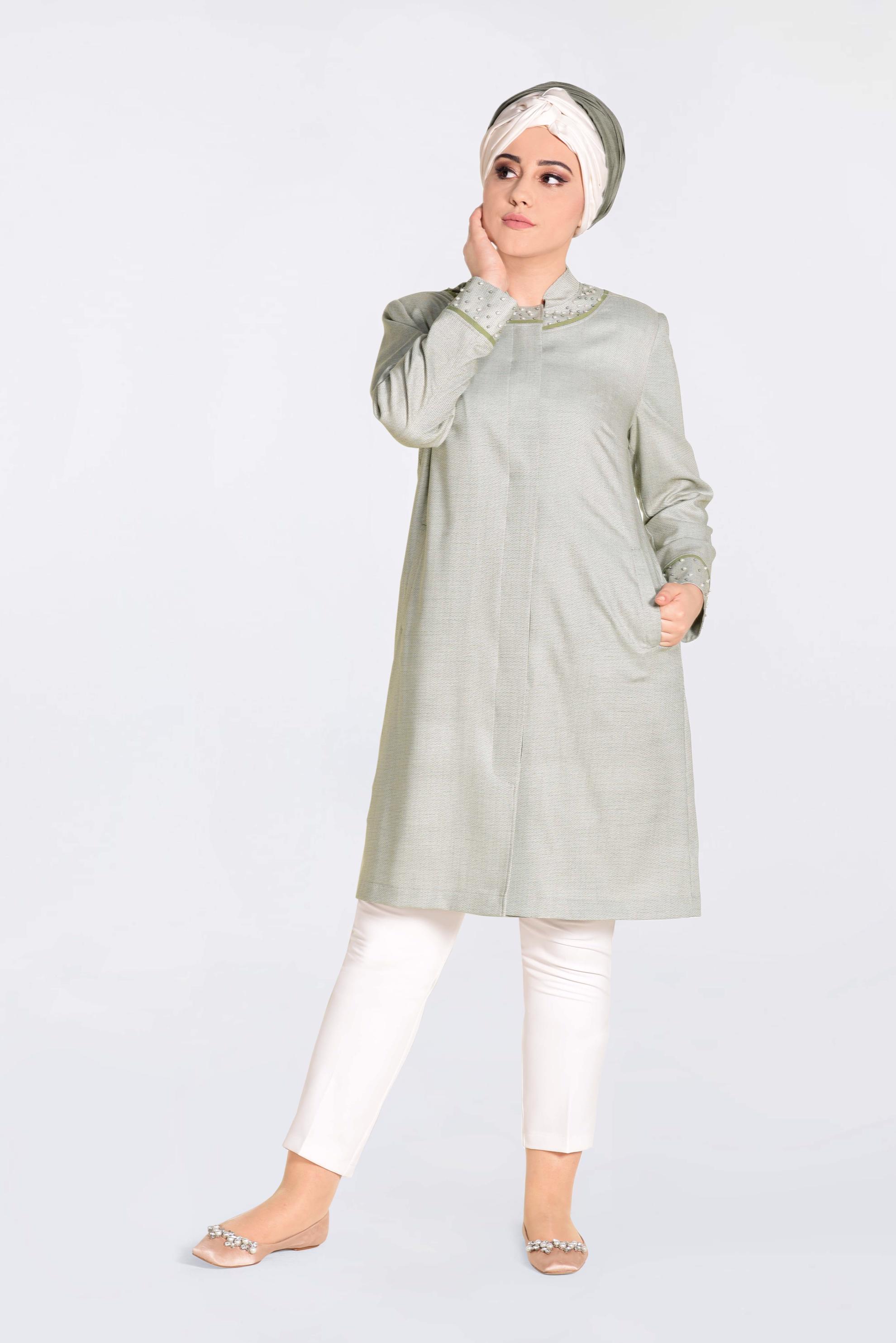 Hijab clothing KHAKI MANDARIN COLLAR PEARLED TRENCH-COAT 1298 