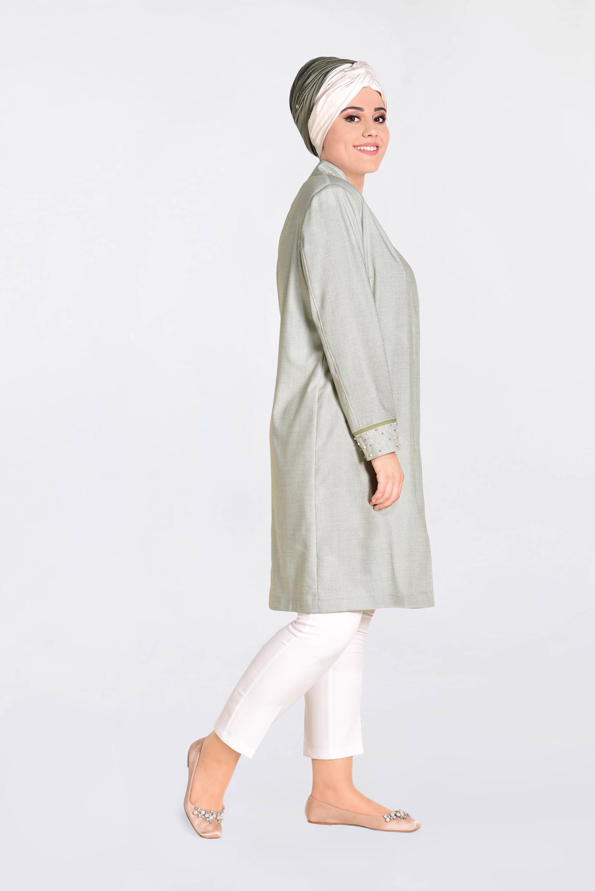 Hijab clothing KHAKI MANDARIN COLLAR PEARLED TRENCH-COAT 1298 