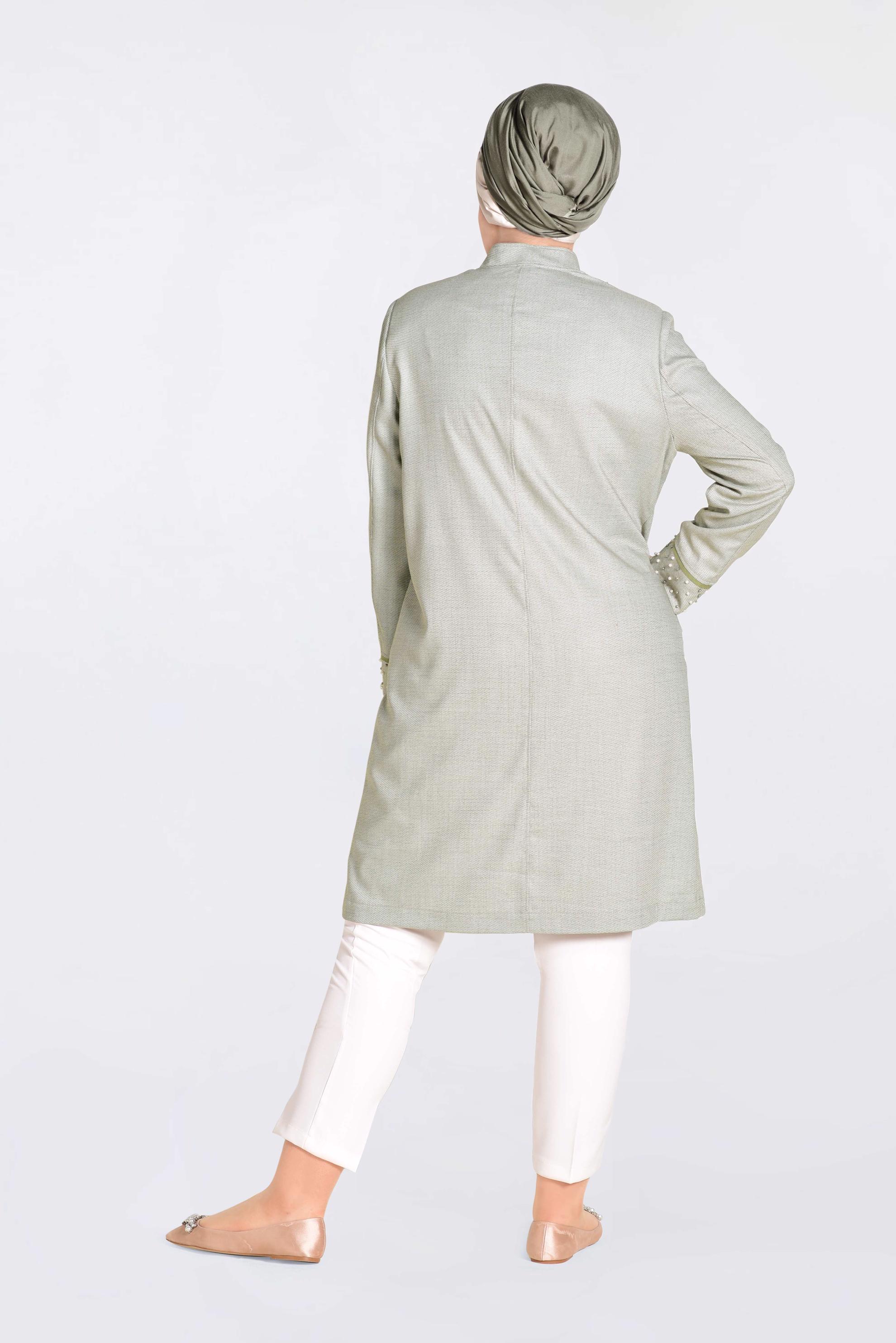 Hijab clothing KHAKI MANDARIN COLLAR PEARLED TRENCH-COAT 1298 