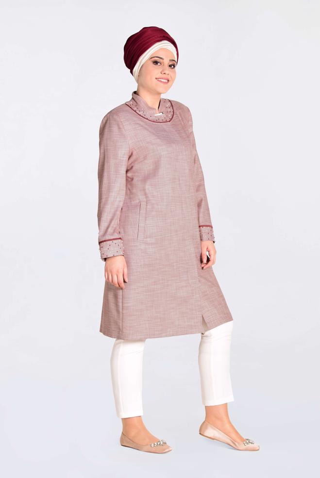 Tesettür giyim TURUNCU HAKİM YAKA İNCİLİ TRENÇKOT 1298  - ALVİNA