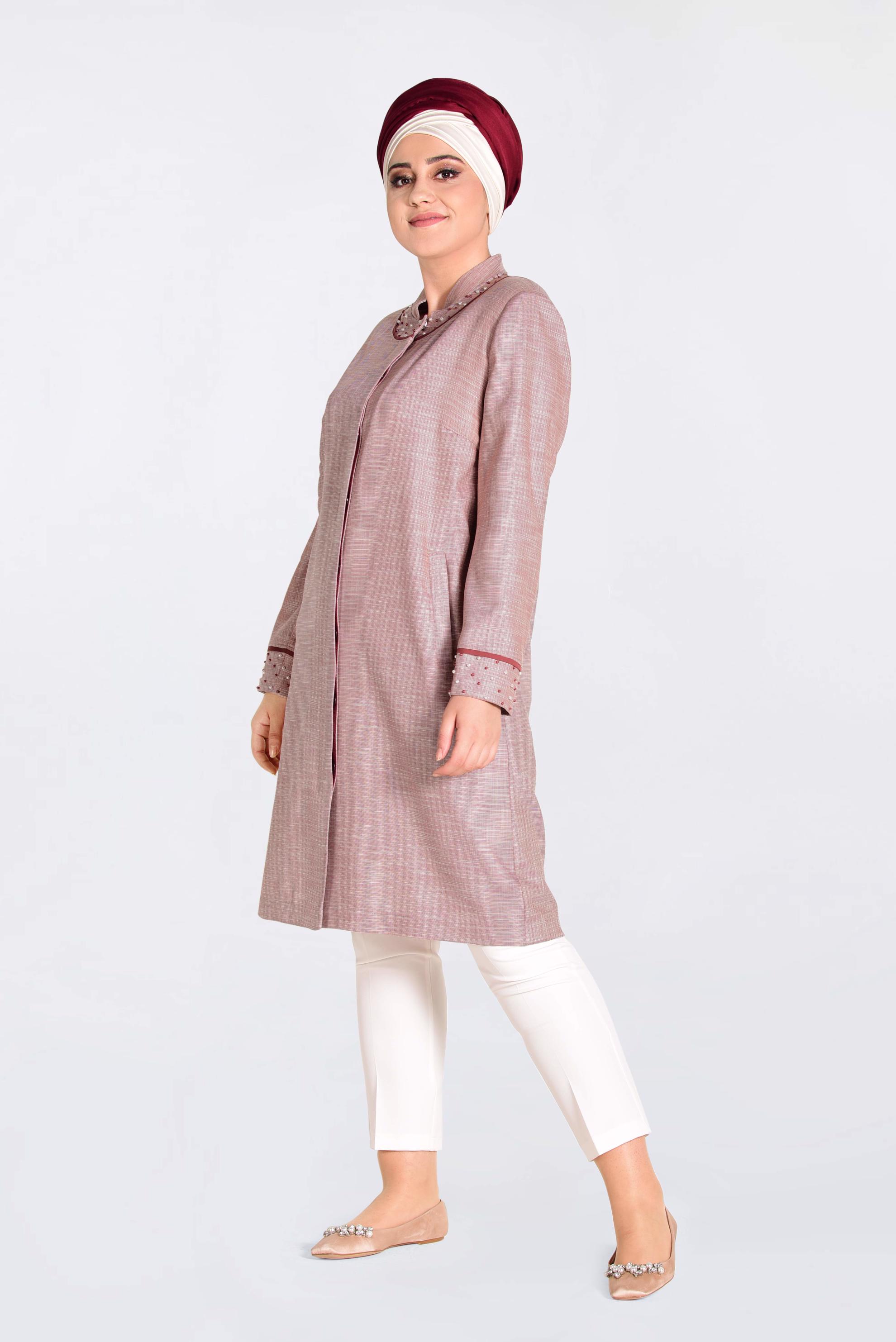 Tesettür giyim TURUNCU HAKİM YAKA İNCİLİ TRENÇKOT 1298 