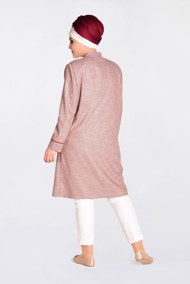 Tesettür giyim TURUNCU HAKİM YAKA İNCİLİ TRENÇKOT 1298  - ALVİNA