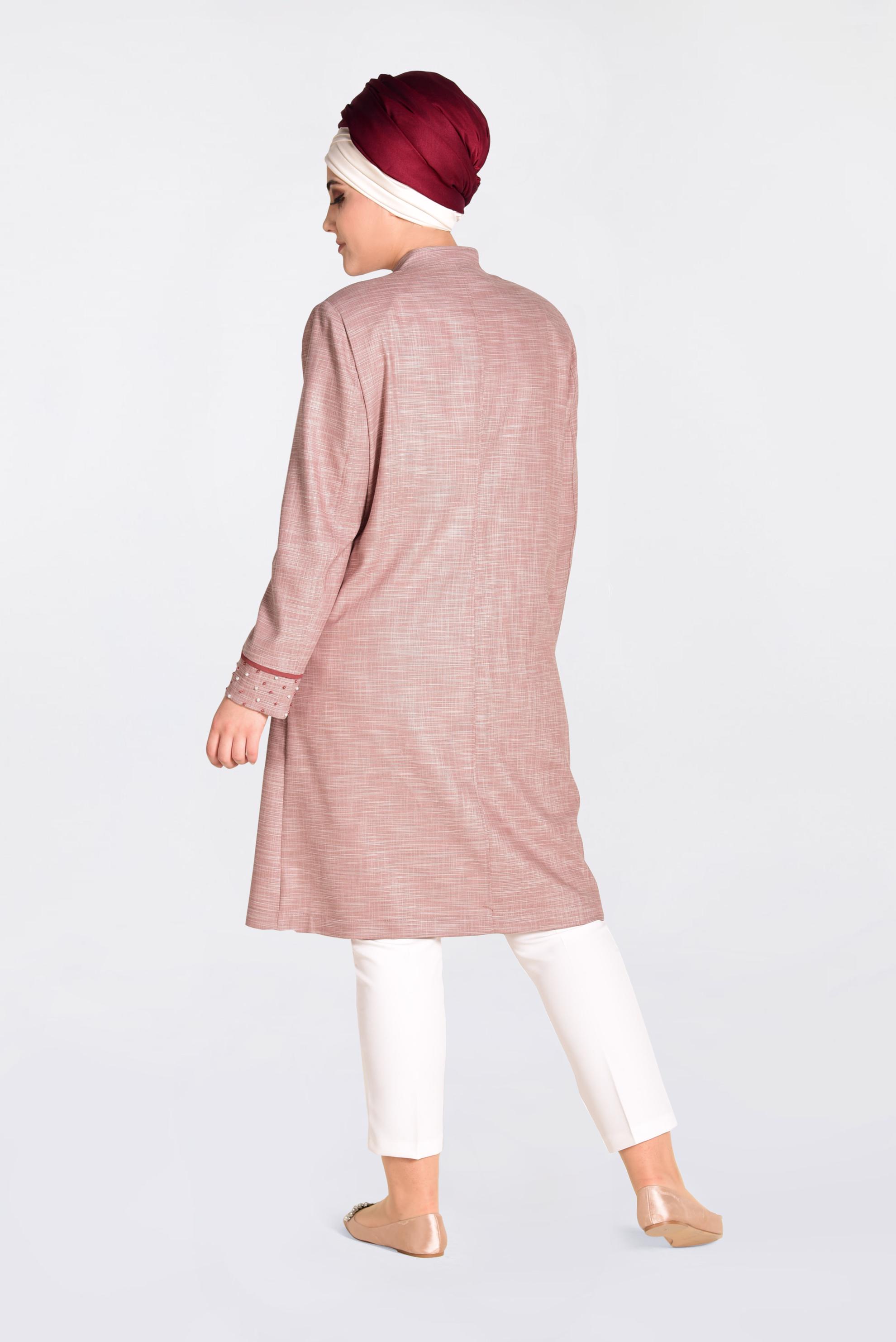 Tesettür giyim TURUNCU HAKİM YAKA İNCİLİ TRENÇKOT 1298 