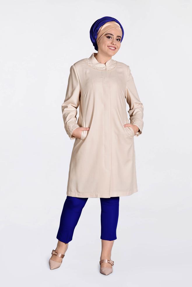 Tesettür giyim PUDRA HAKİM YAKA İNCİLİ TRENÇKOT 1298  - ALVİNA