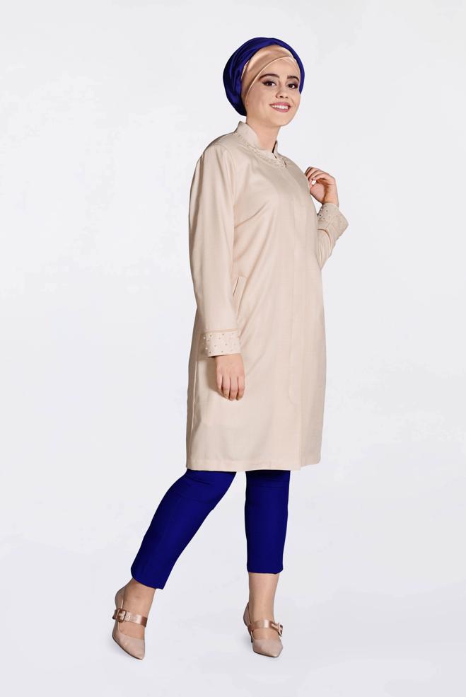 Tesettür giyim PUDRA HAKİM YAKA İNCİLİ TRENÇKOT 1298  - ALVİNA