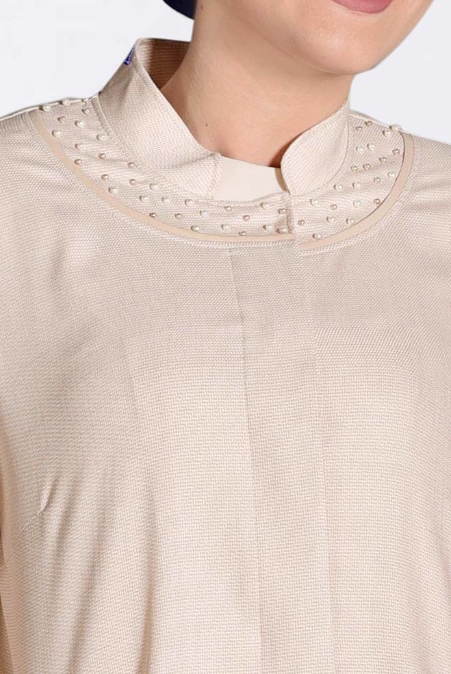 Tesettür giyim PUDRA HAKİM YAKA İNCİLİ TRENÇKOT 1298  - ALVİNA