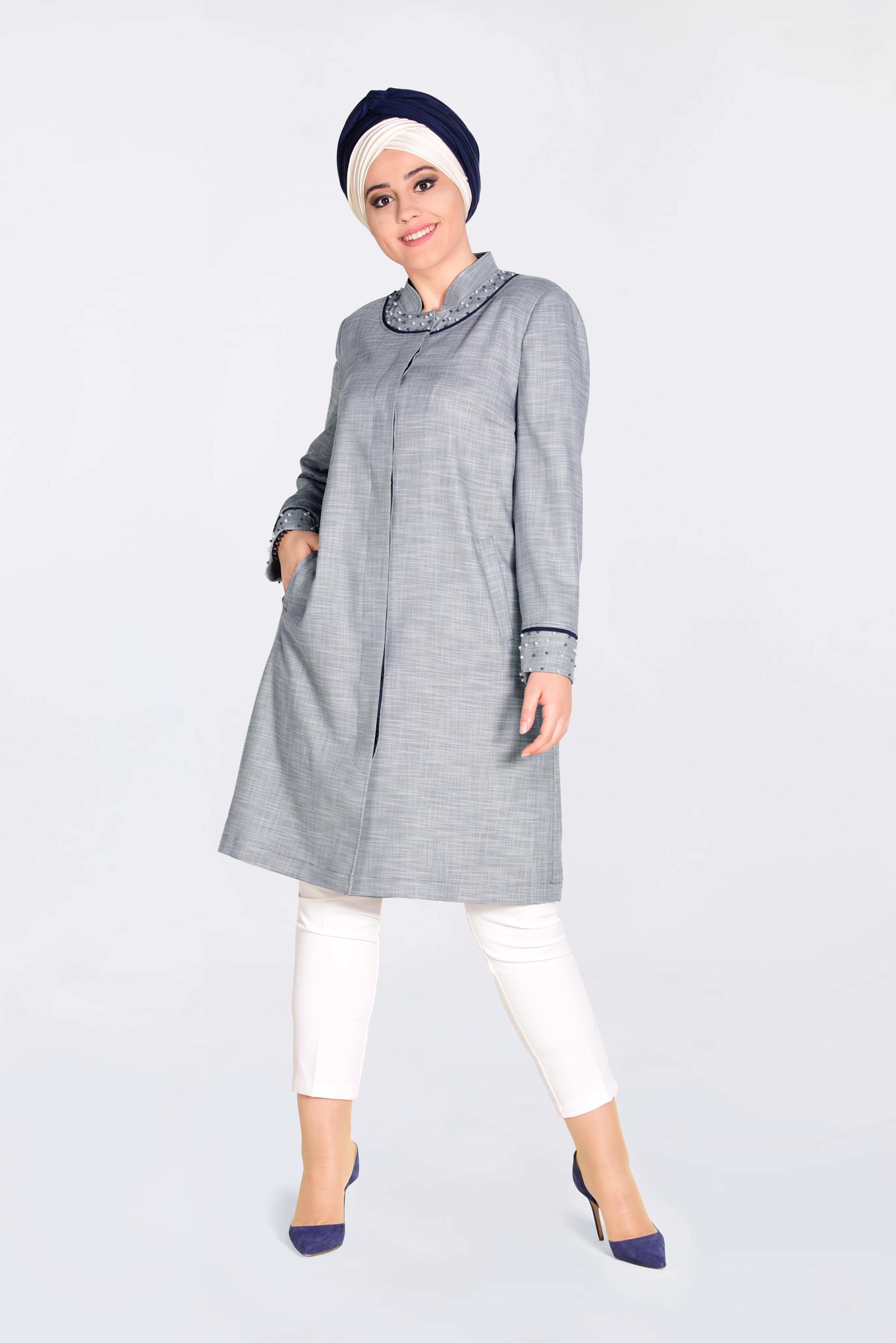 Tesettür giyim LACİVERT HAKİM YAKA İNCİLİ TRENÇKOT 1298 