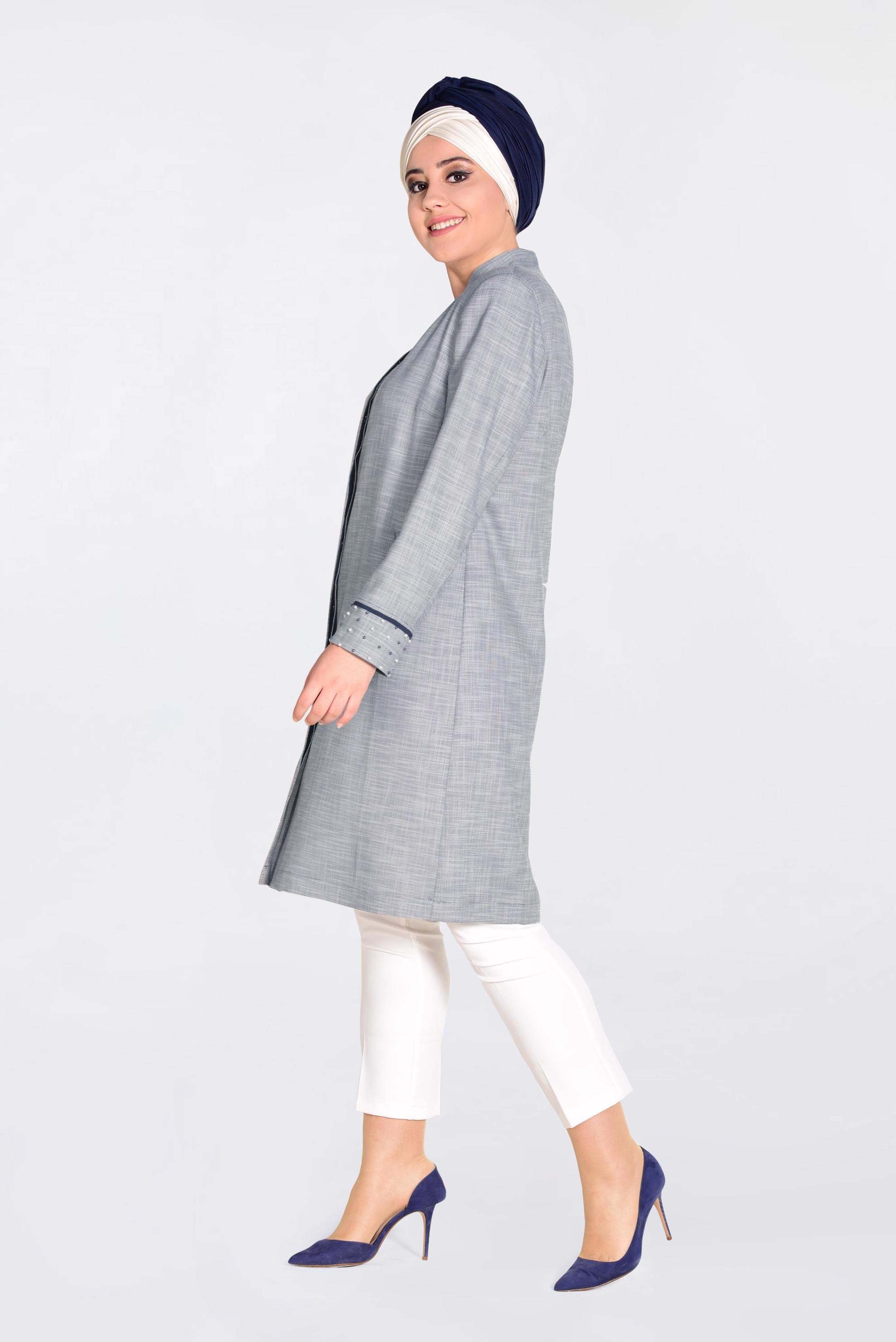 Tesettür giyim LACİVERT HAKİM YAKA İNCİLİ TRENÇKOT 1298 