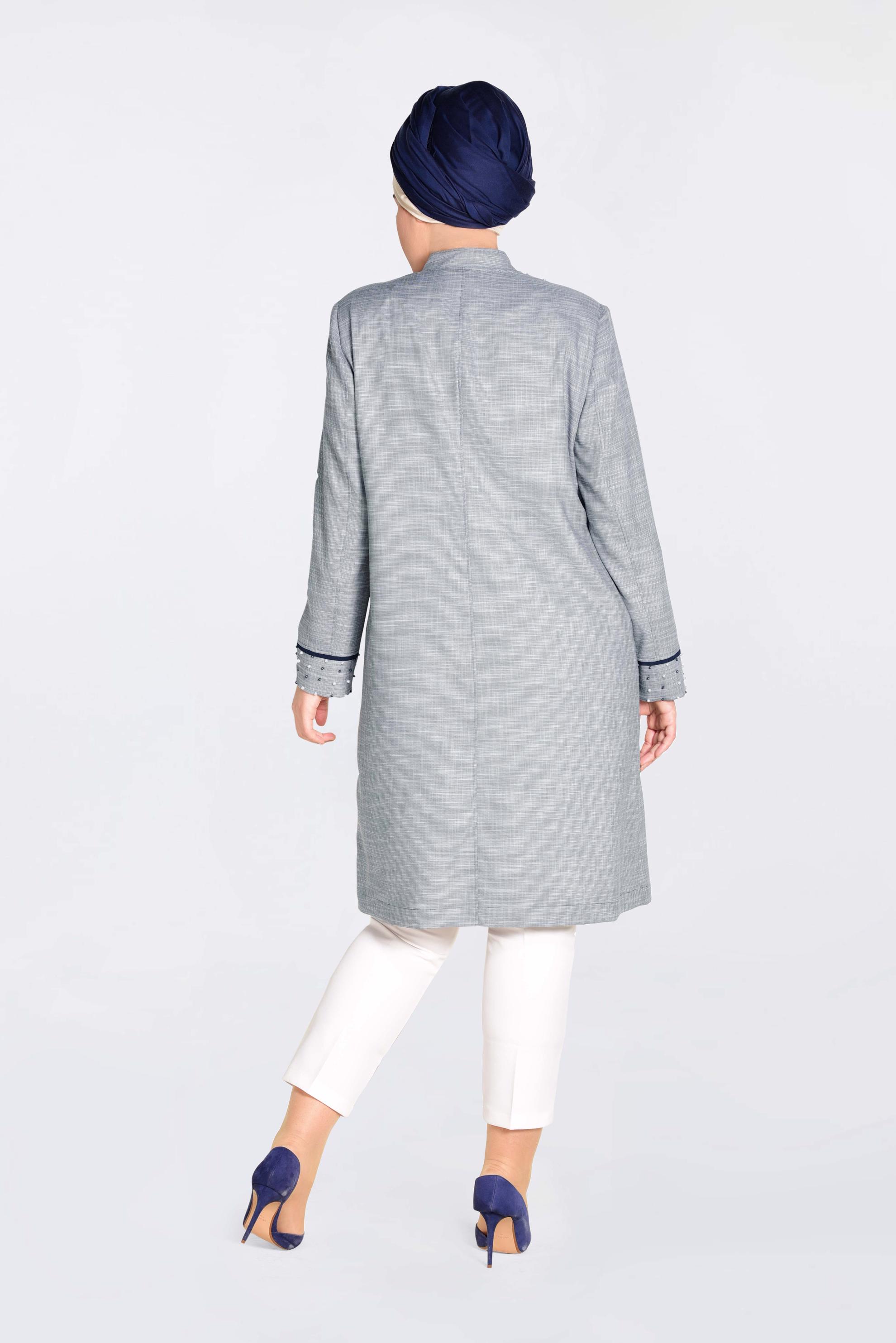 Tesettür giyim LACİVERT HAKİM YAKA İNCİLİ TRENÇKOT 1298 