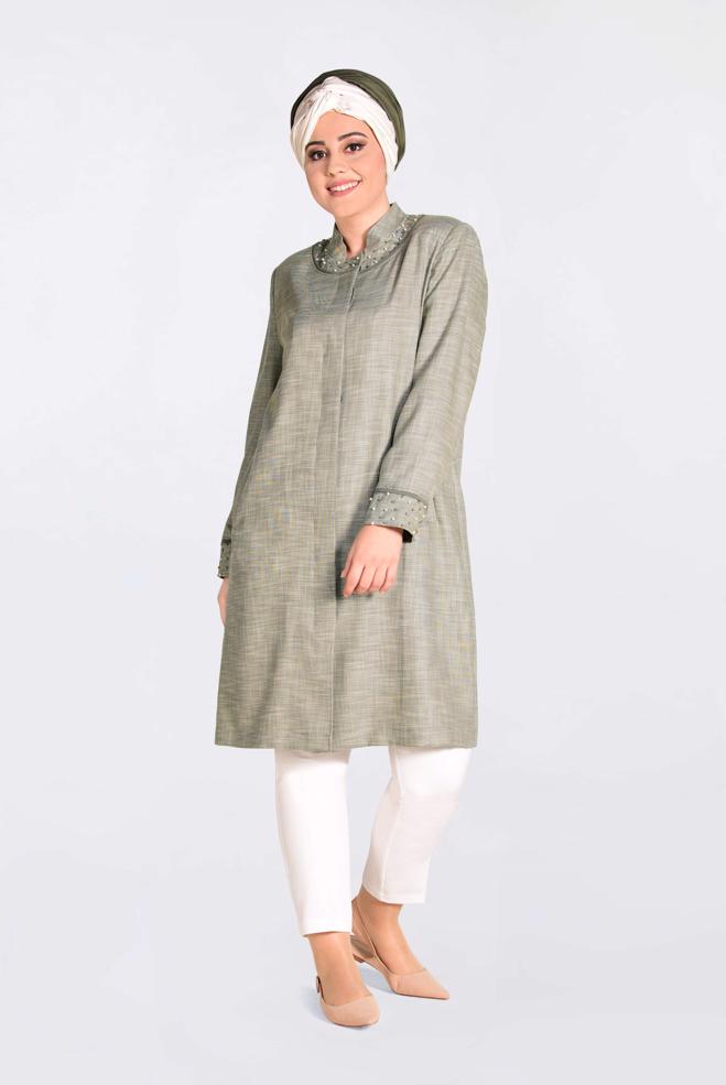 Tesettür giyim HAKİ HAKİM YAKA İNCİLİ TRENÇKOT 1298  - ALVİNA