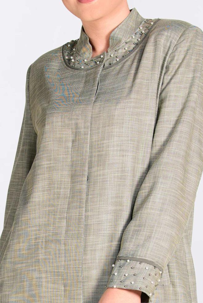 Tesettür giyim HAKİ HAKİM YAKA İNCİLİ TRENÇKOT 1298  - ALVİNA