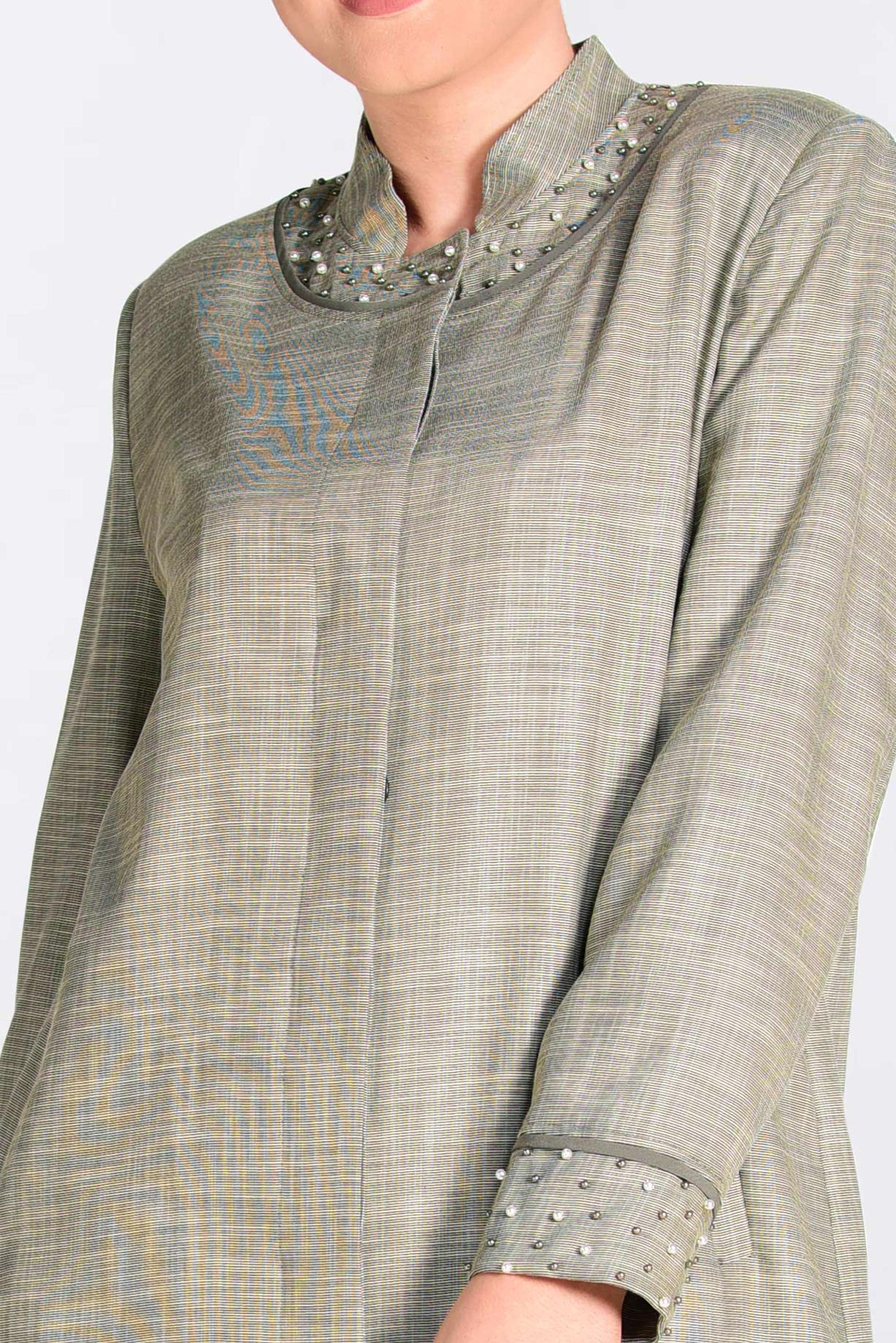 Vêtements hijab KAKI IMPERMÉABLE À COL MAO AVEC PERLES 1298