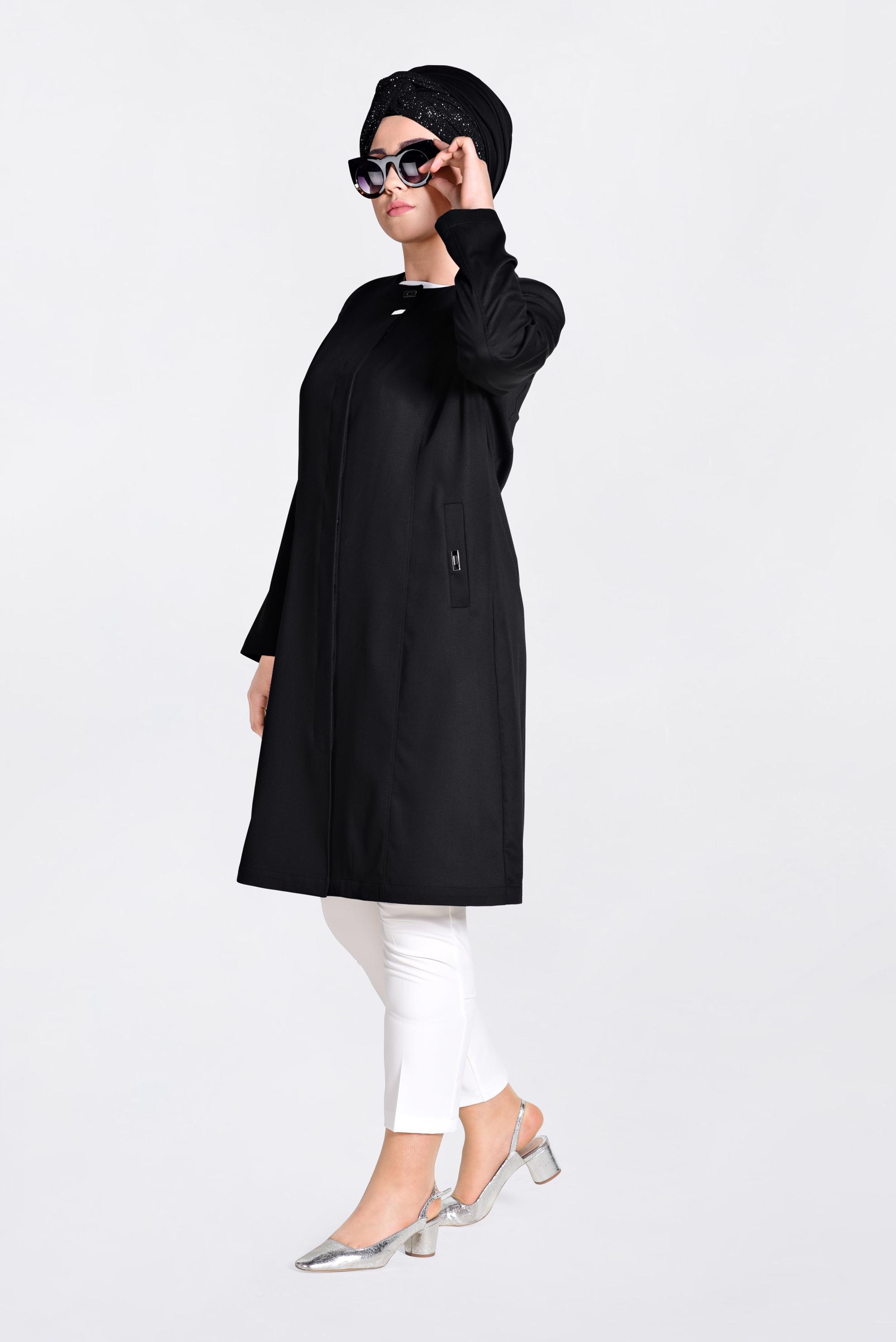 Vêtements hijab NOIR IMPERMÉABLE AVEC POCHES DÉTAILLÉS 1299