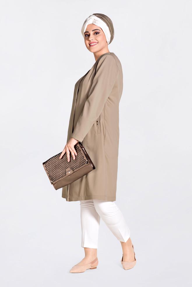 Tesettür giyim KAHVE CEP DETAYLI TRENÇKOT 1299 - ALVİNA