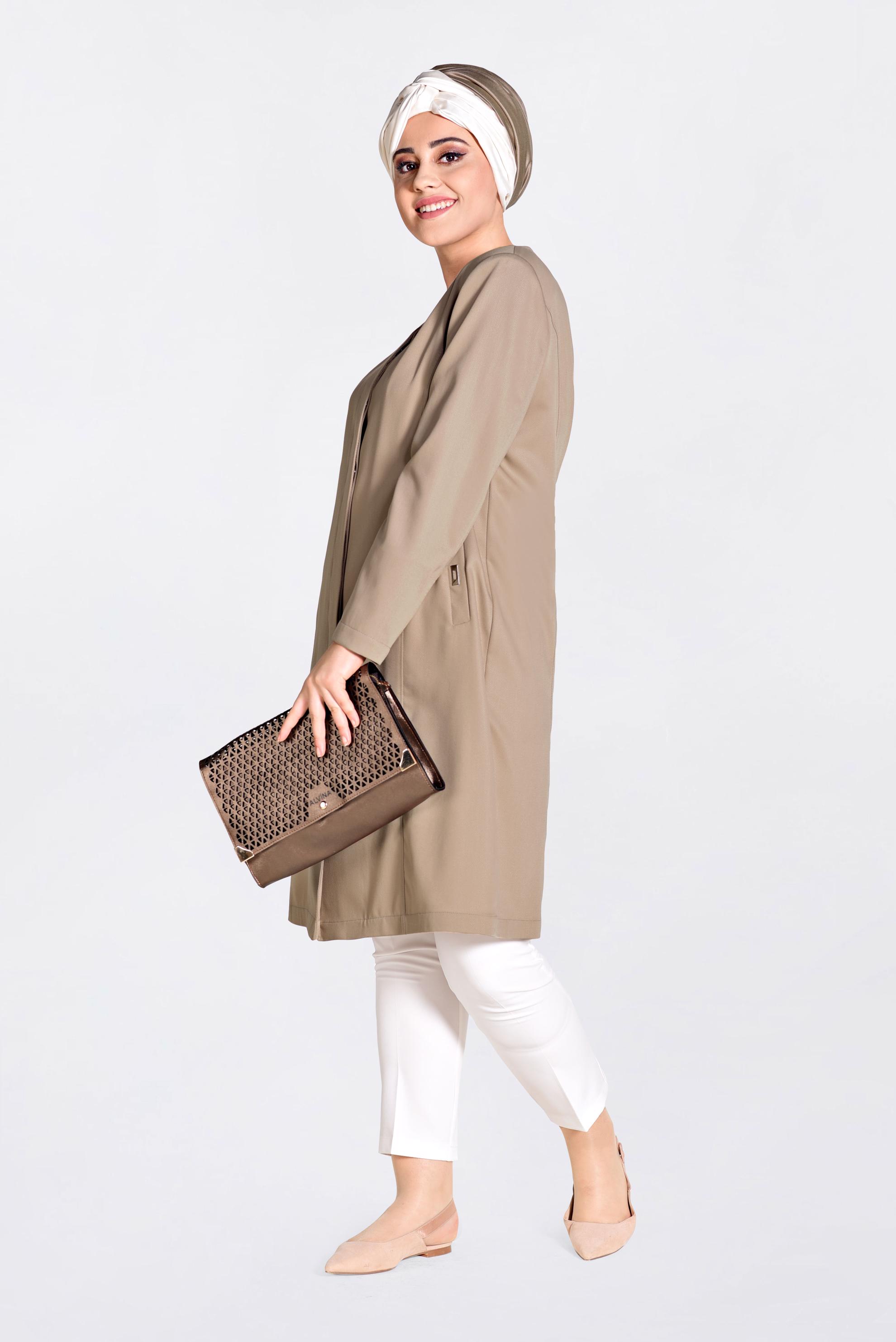 Vêtements hijab BRUN IMPERMÉABLE AVEC POCHES DÉTAILLÉS 1299