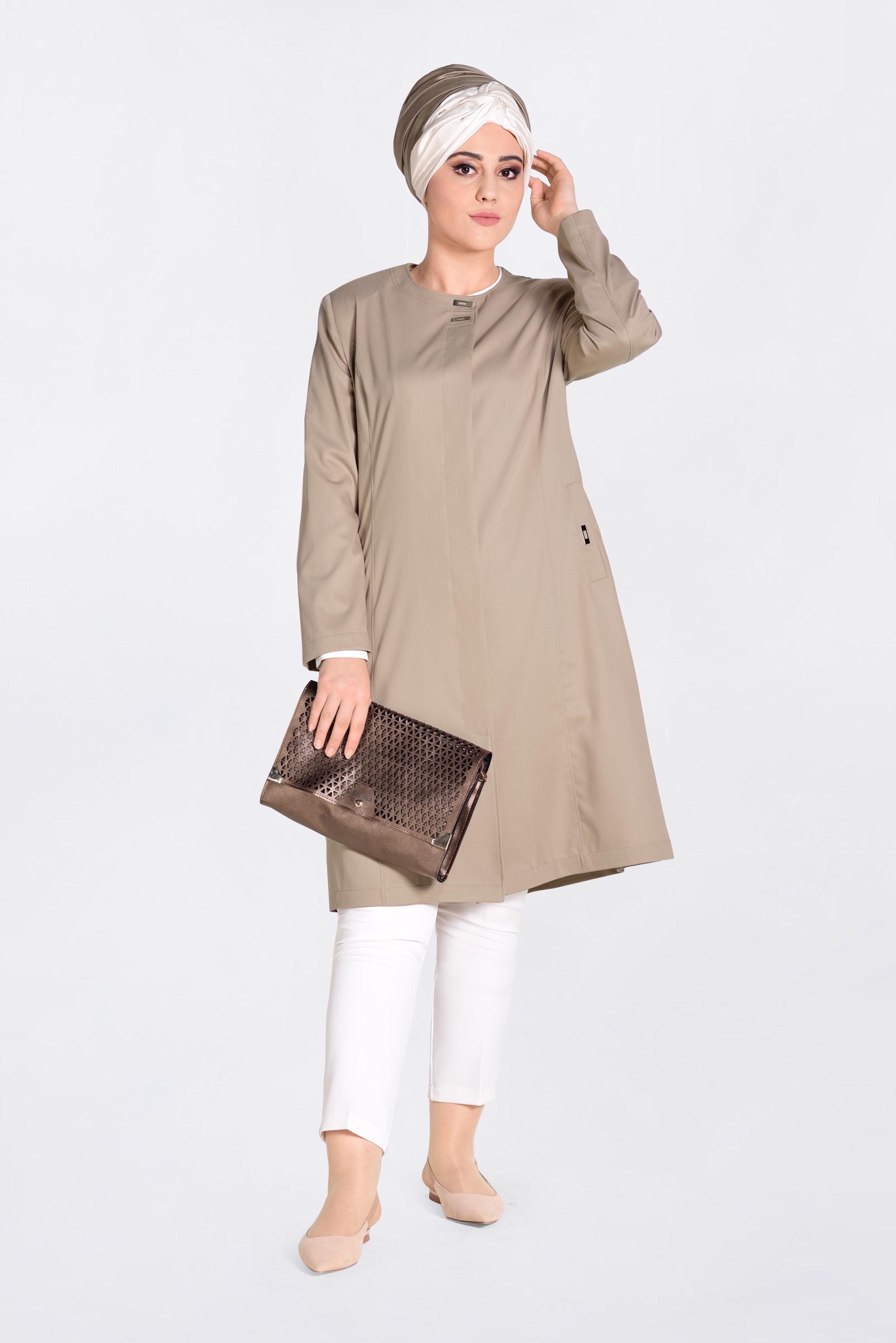 Vêtements hijab BRUN IMPERMÉABLE AVEC POCHES DÉTAILLÉS 1299