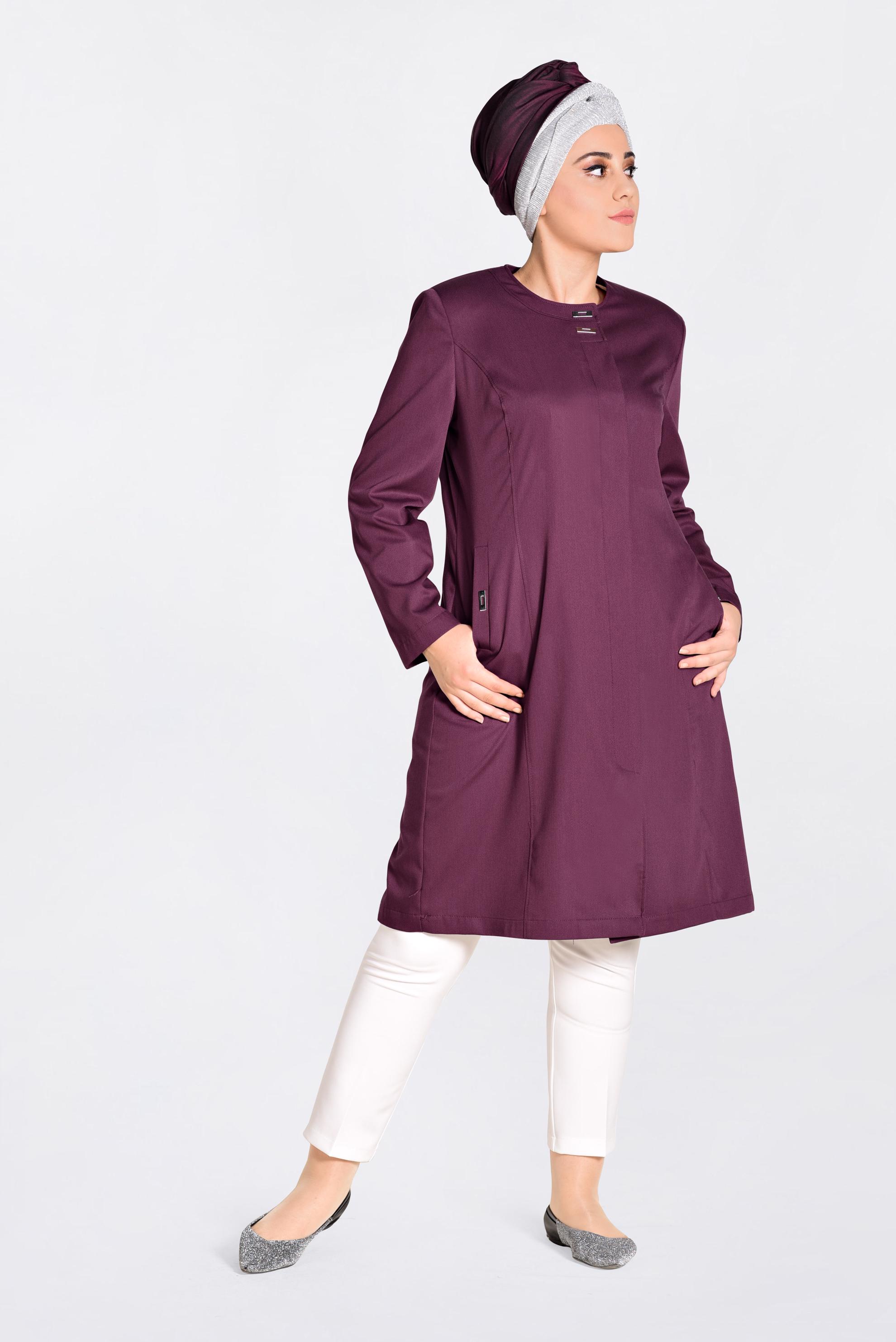 Vêtements hijab PRUNE IMPERMÉABLE AVEC POCHES DÉTAILLÉS 1299