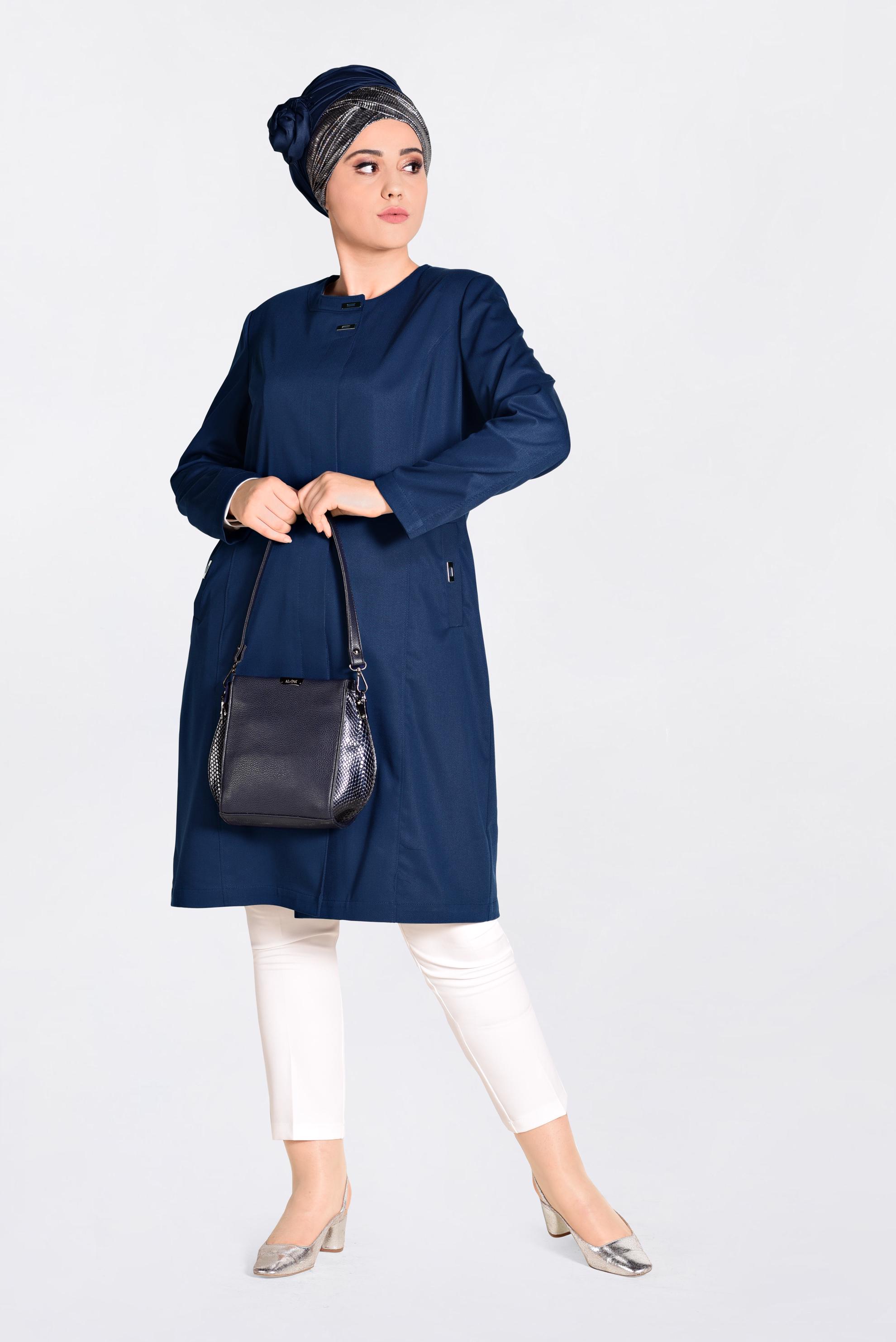 Vêtements hijab BLEU MARINE IMPERMÉABLE AVEC POCHES DÉTAILLÉS 1299