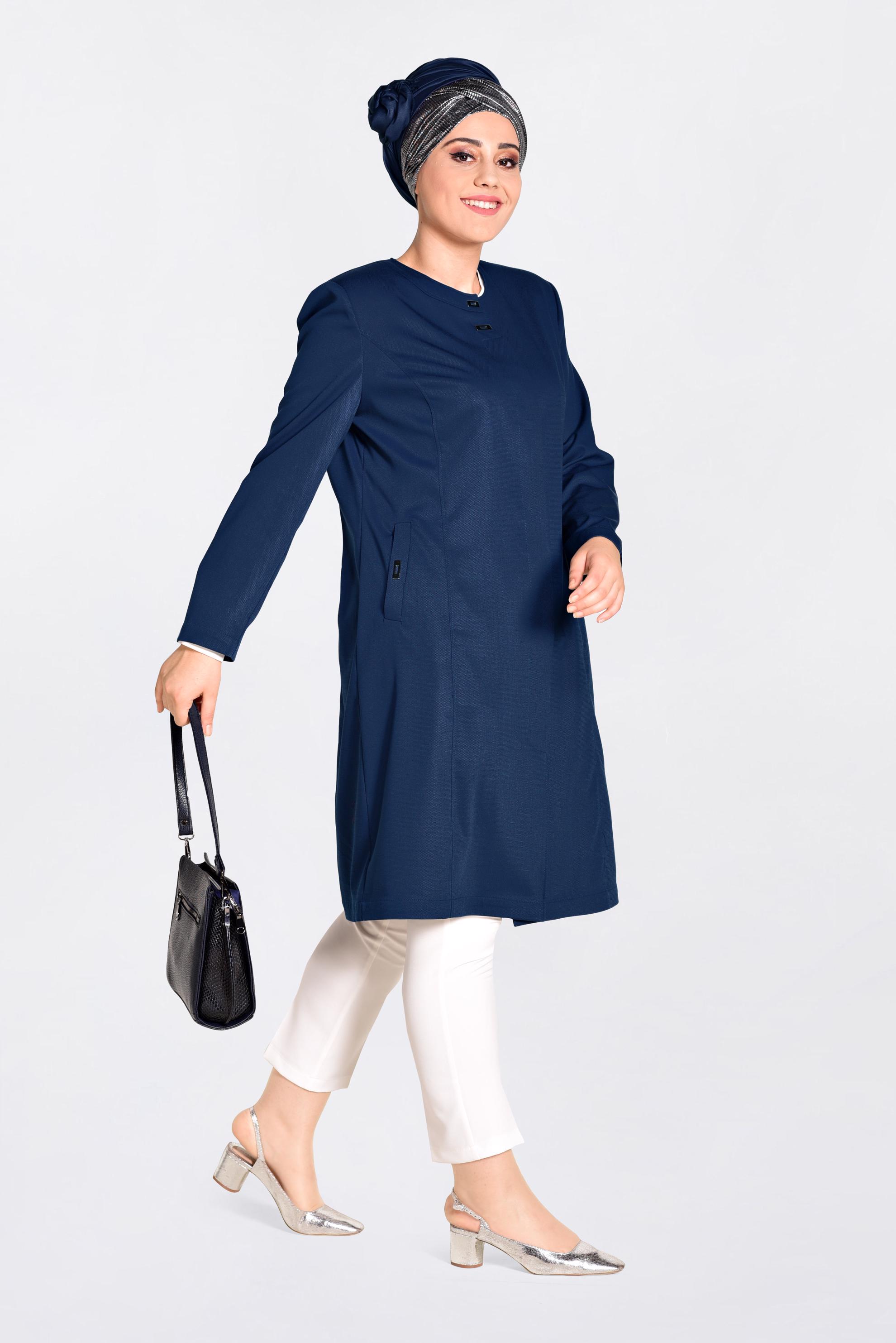 Vêtements hijab BLEU MARINE IMPERMÉABLE AVEC POCHES DÉTAILLÉS 1299