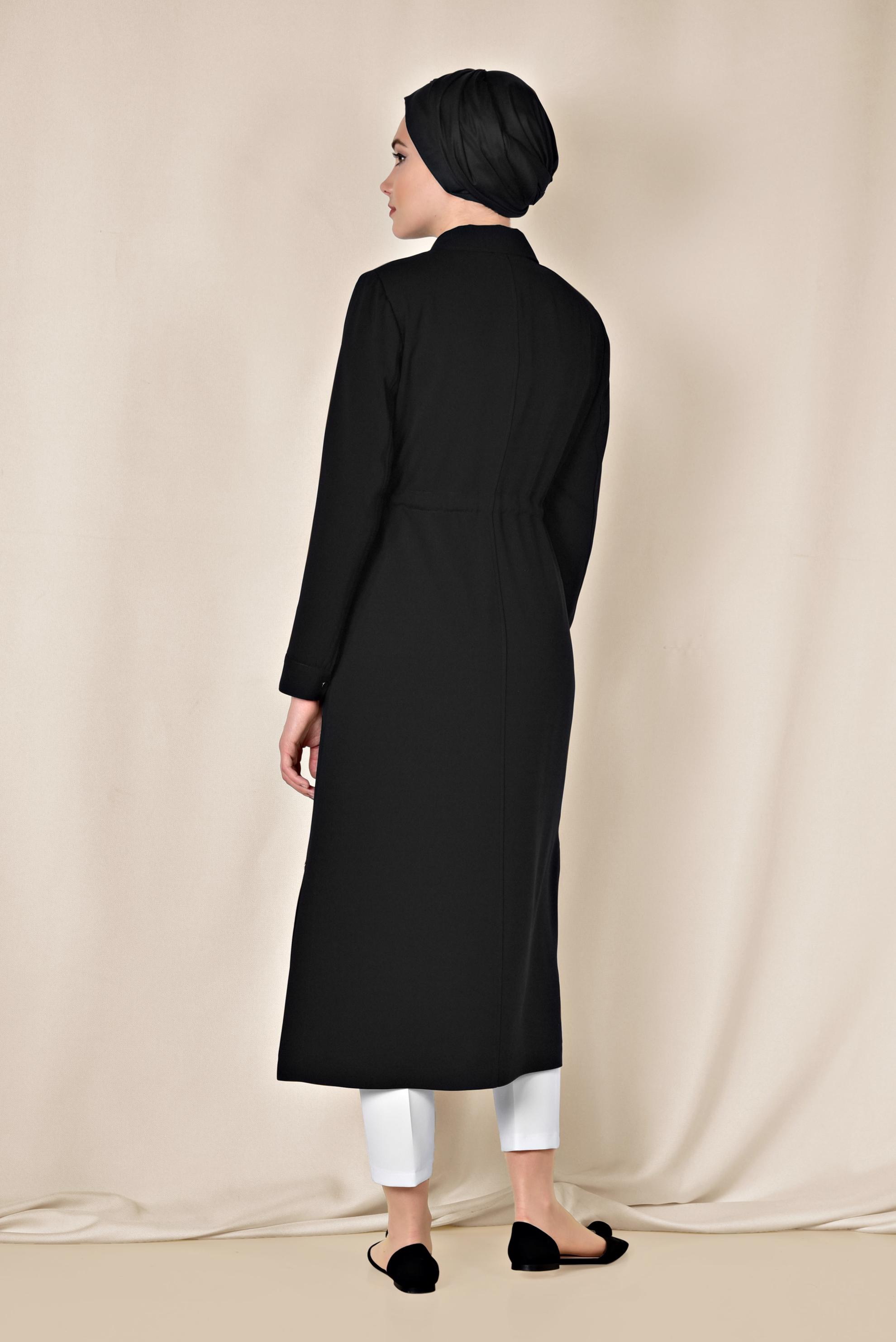 Tesettür giyim SİYAH KUŞGÖZÜ DETAYLI DÜĞMELİ TRENÇKOT 1400