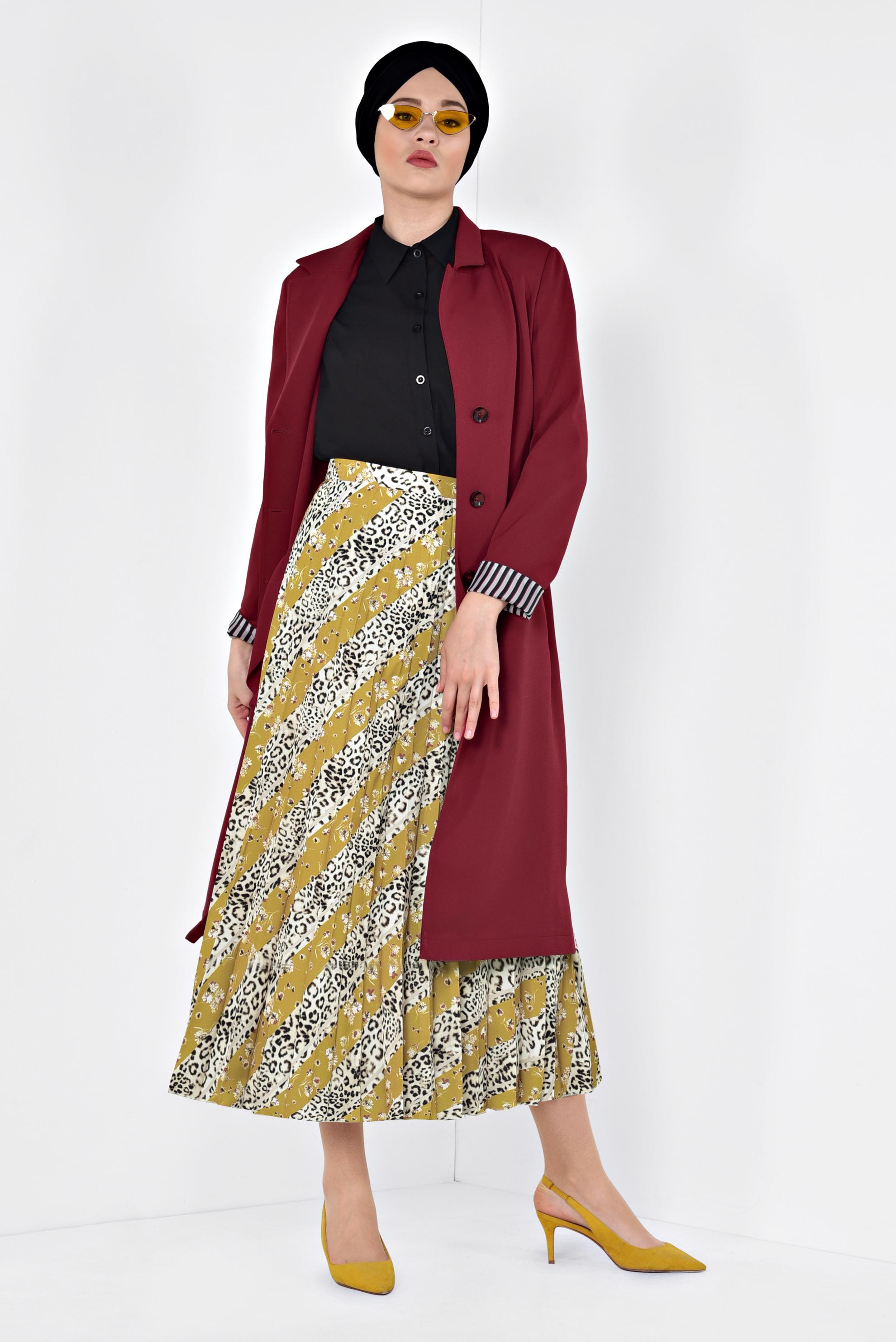 Tesettür giyim KIRMIZI ÇİZGİ DETAYLI BELİ KEMERLİ TRENÇKOT 1404