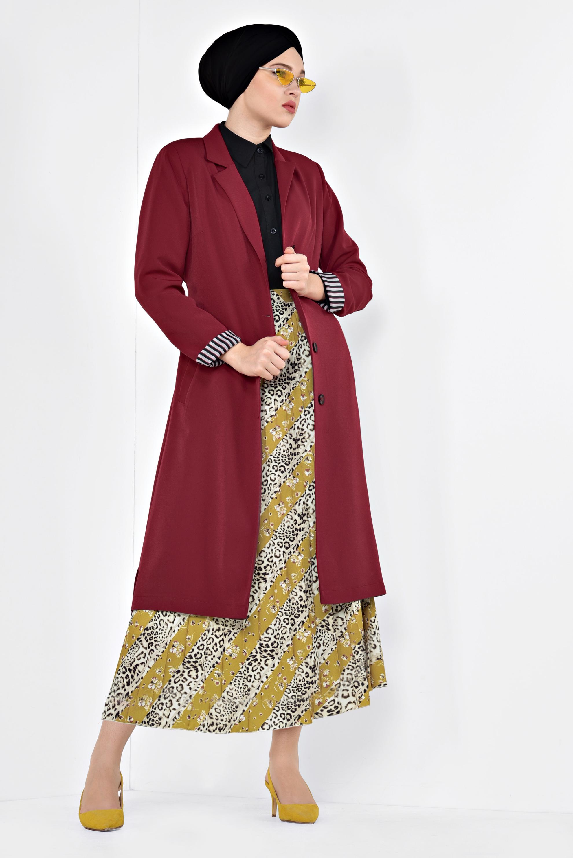 Tesettür giyim KIRMIZI ÇİZGİ DETAYLI BELİ KEMERLİ TRENÇKOT 1404