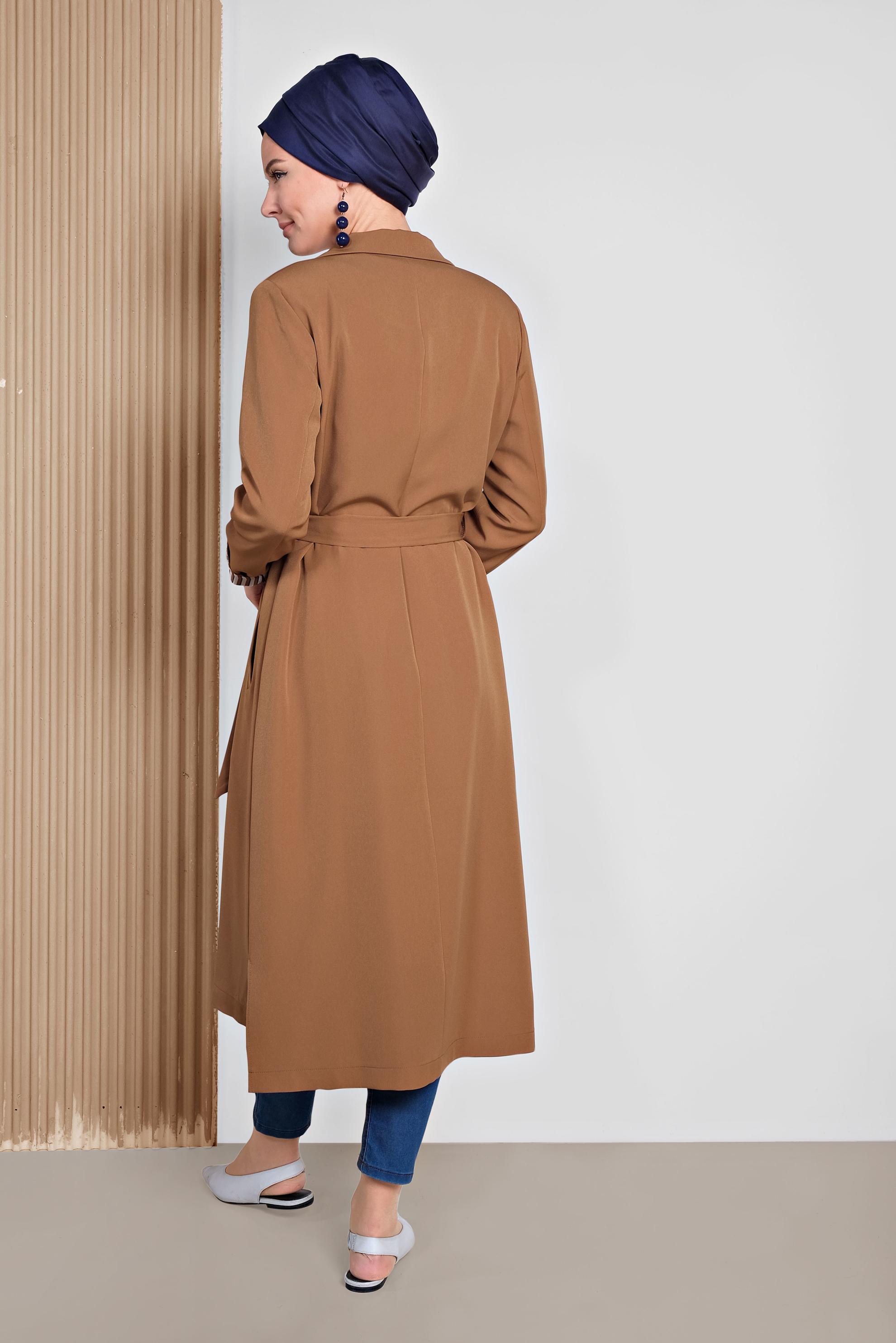 Tesettür giyim TABA ÇİZGİ DETAYLI BELİ KEMERLİ TRENÇKOT 1404